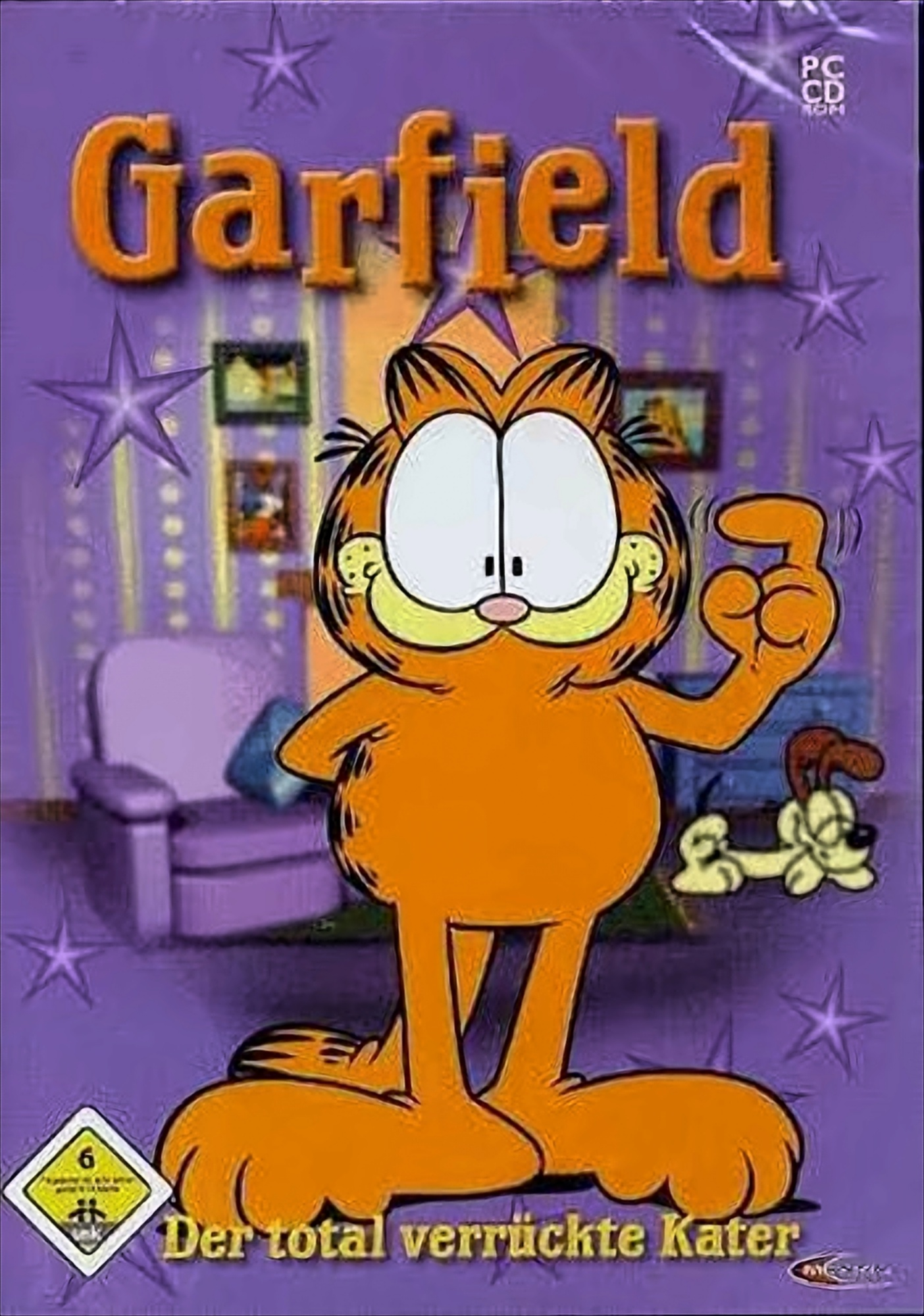 Garfield DVD-Cover. Garfield-Cartoonfigur. Lila und Sterne Hintergrund.