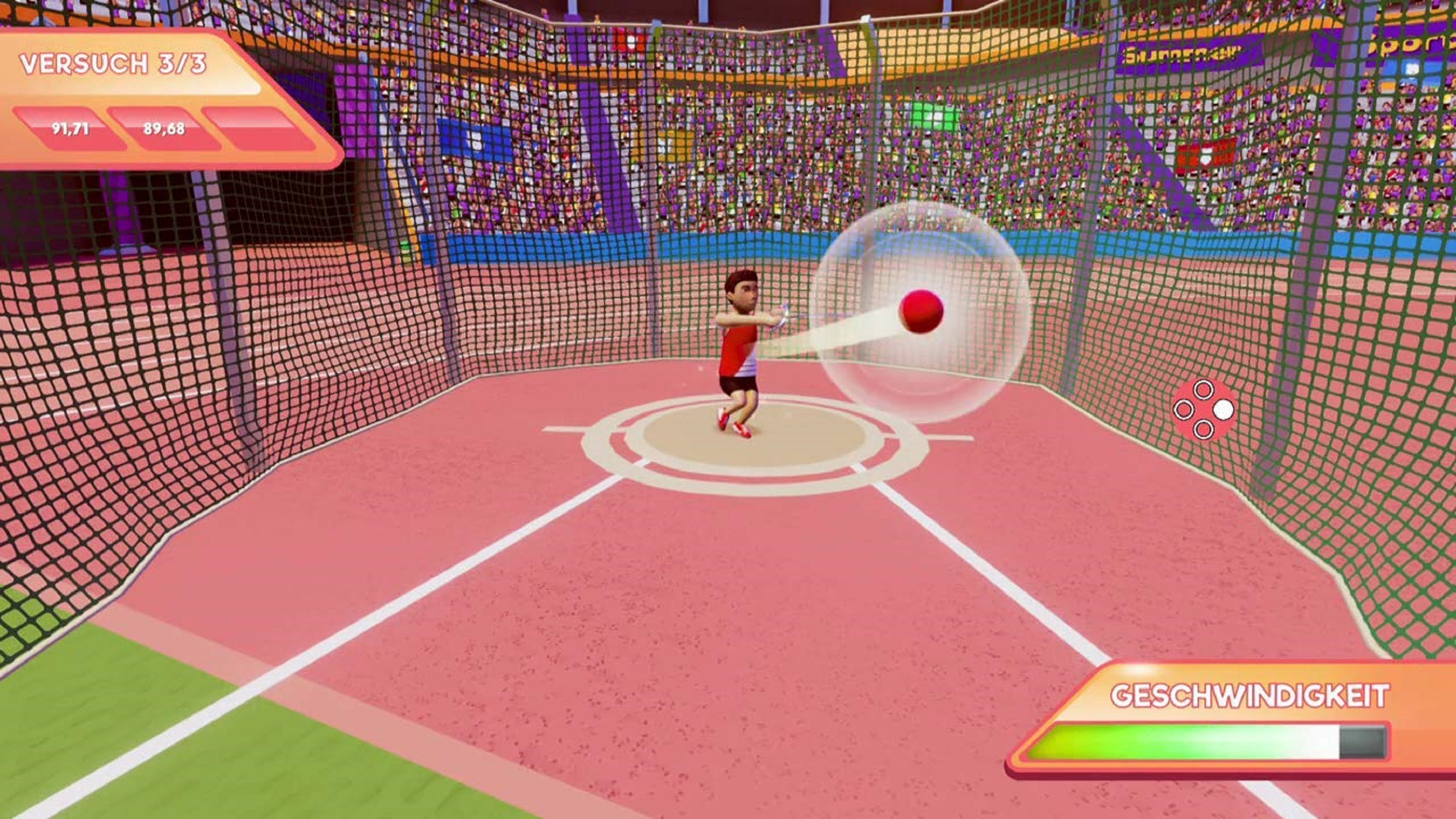Videospielszene vom Kugelstoßen. Athlet wirft roten Ball im Stadion. Anzeigetafeln und Zuschauer.