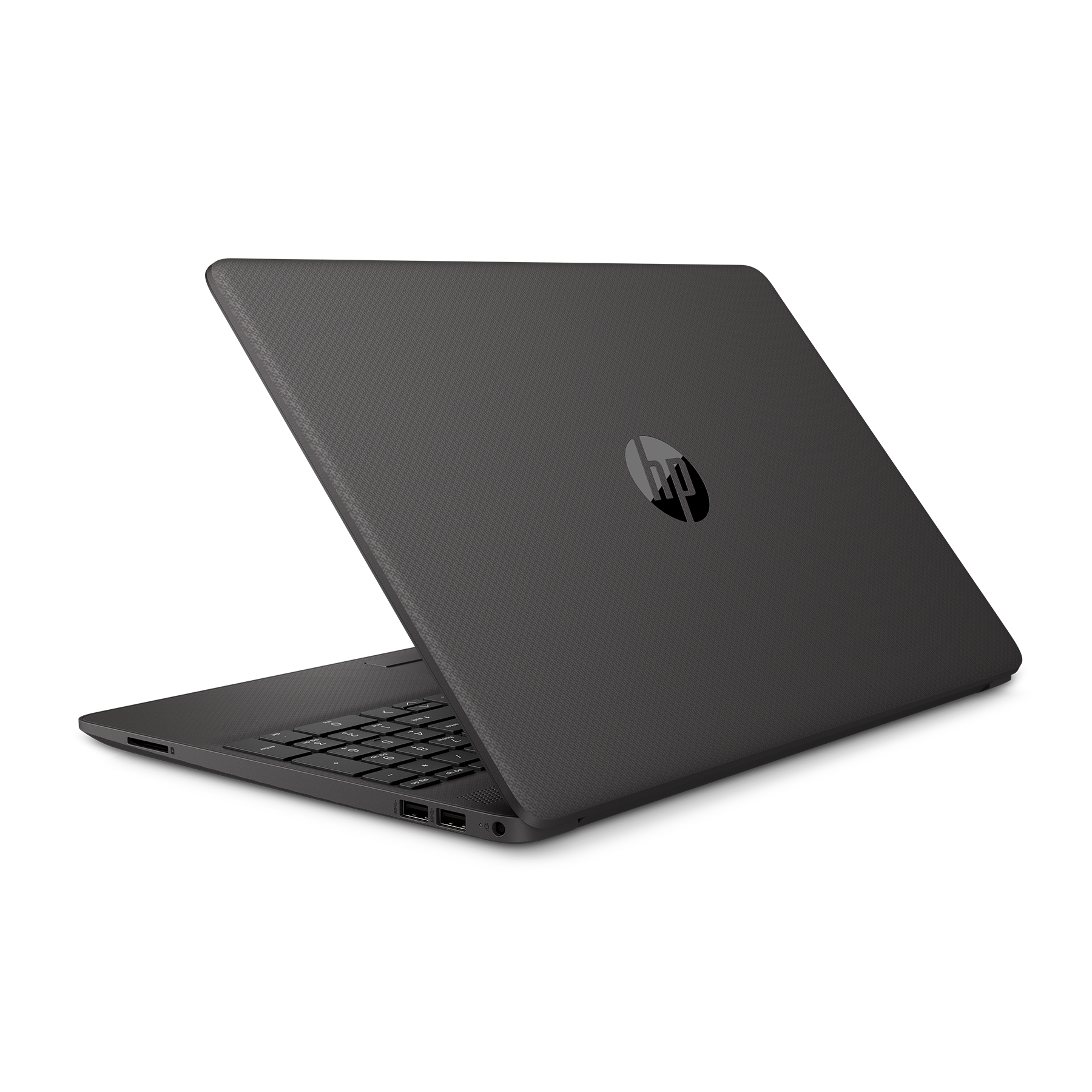 Ein dunkelgrauer Laptop, geöffnet auf einer schwarzen Oberfläche. Die Rückseite ist strukturiert, mit HP-Logo.