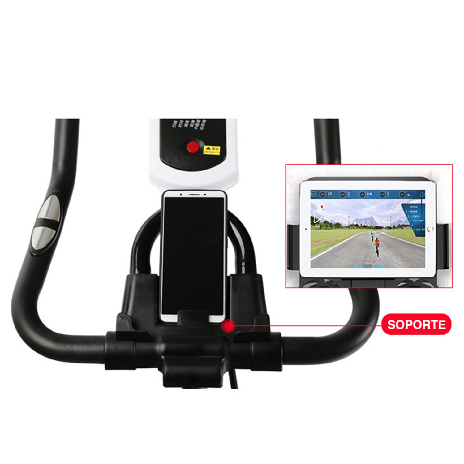 Vélo d'appartement avec une tablette affichant un itinéraire cycliste virtuel, et un téléphone monté sur le guidon.