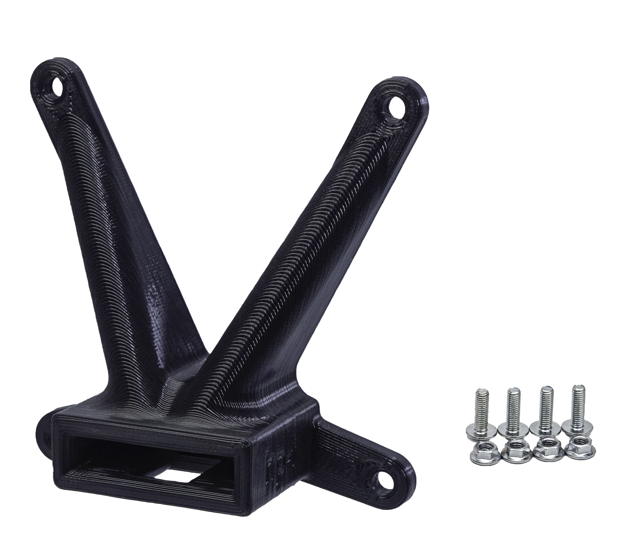Schwarze 3D-gedruckte Halterung mit Schraube. Weißer Hintergrund.