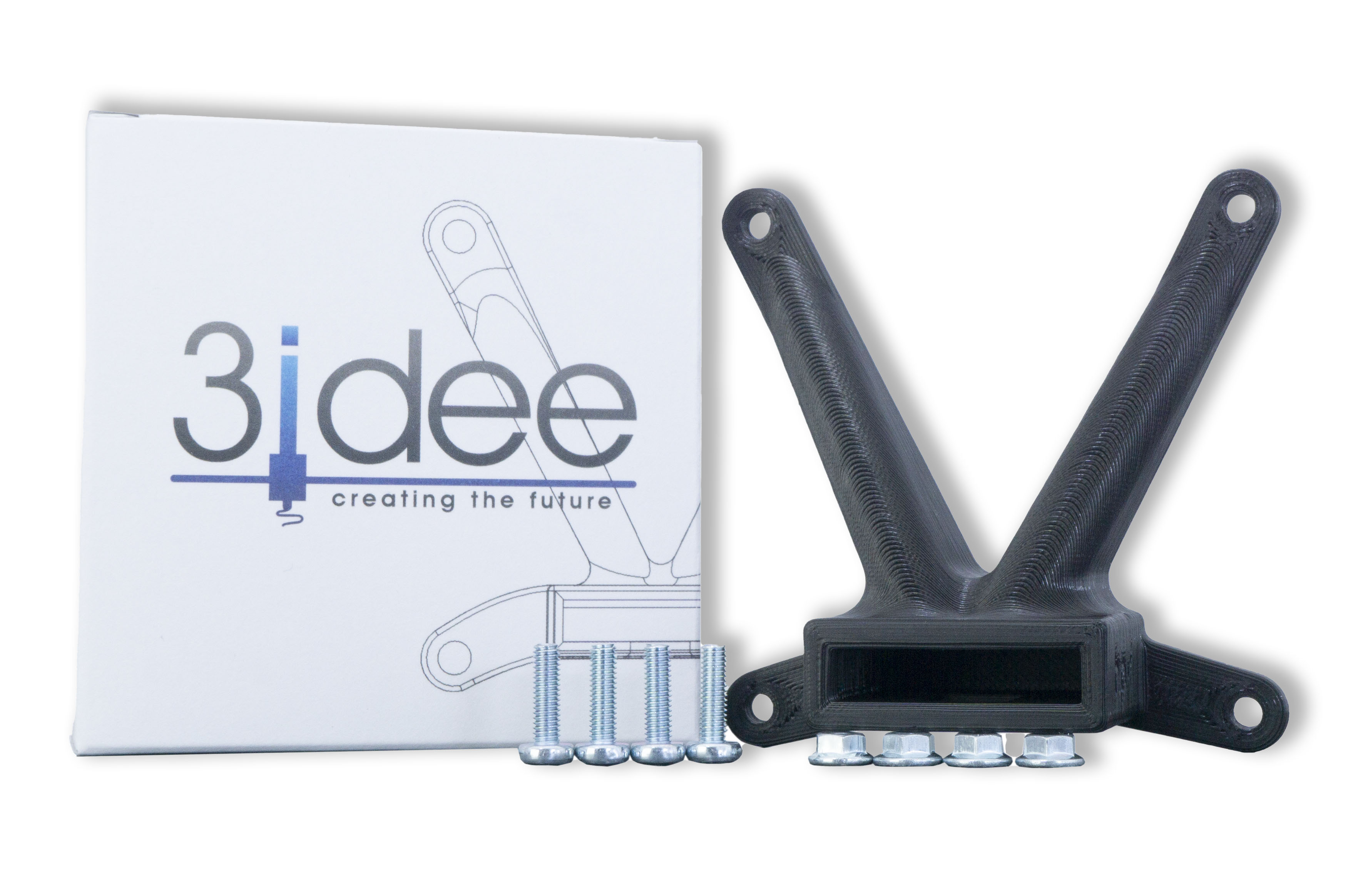 3idee-Logo und eine schwarze 3D-gedruckte Halterung mit Schrauben. Weiße Box im Hintergrund.