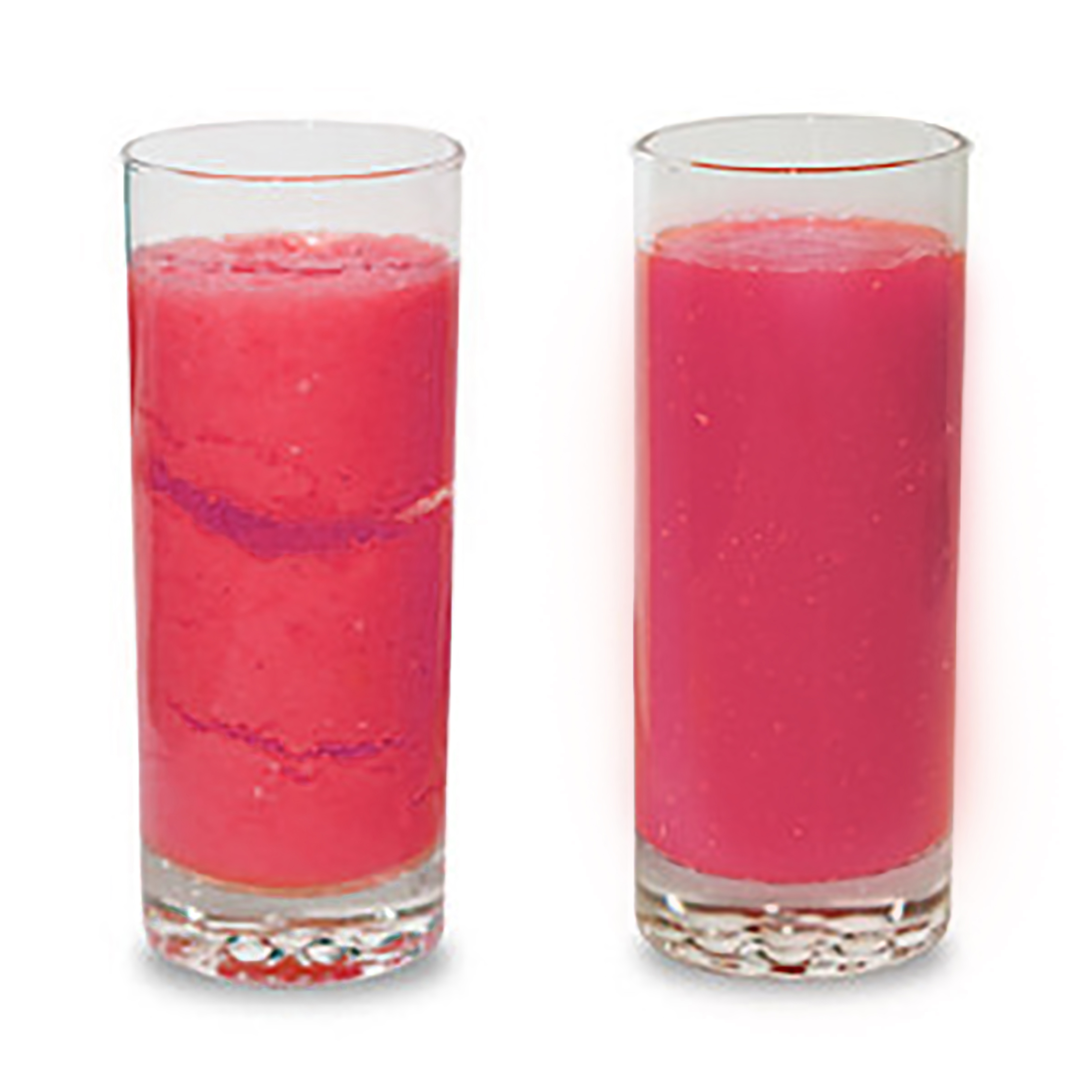 Two glasses of pink smoothie on a white background. One has a swirl, the other is smooth.