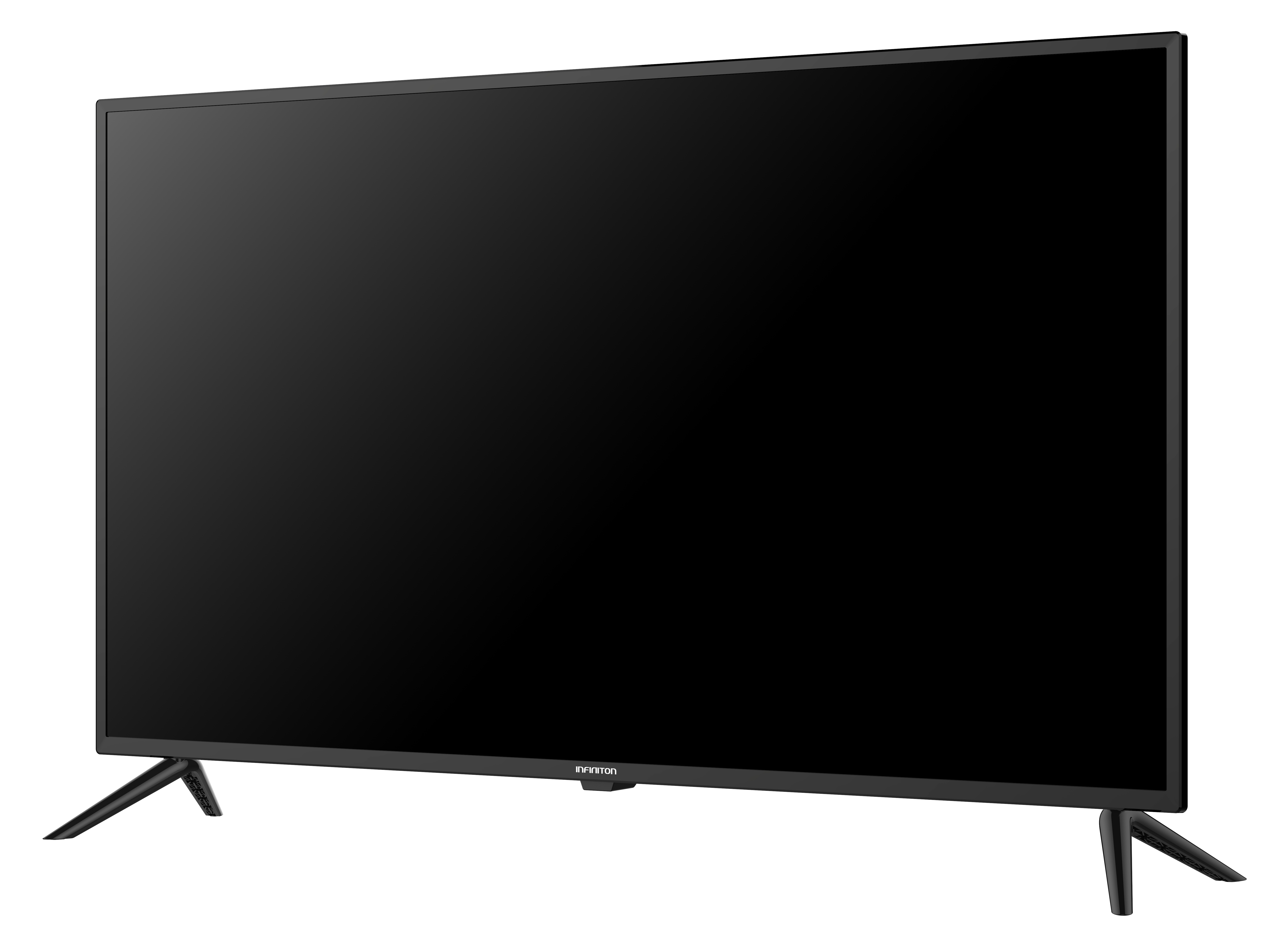 Un televisor grande y negro con patas delgadas. La pantalla está en blanco y el fondo es blanco.