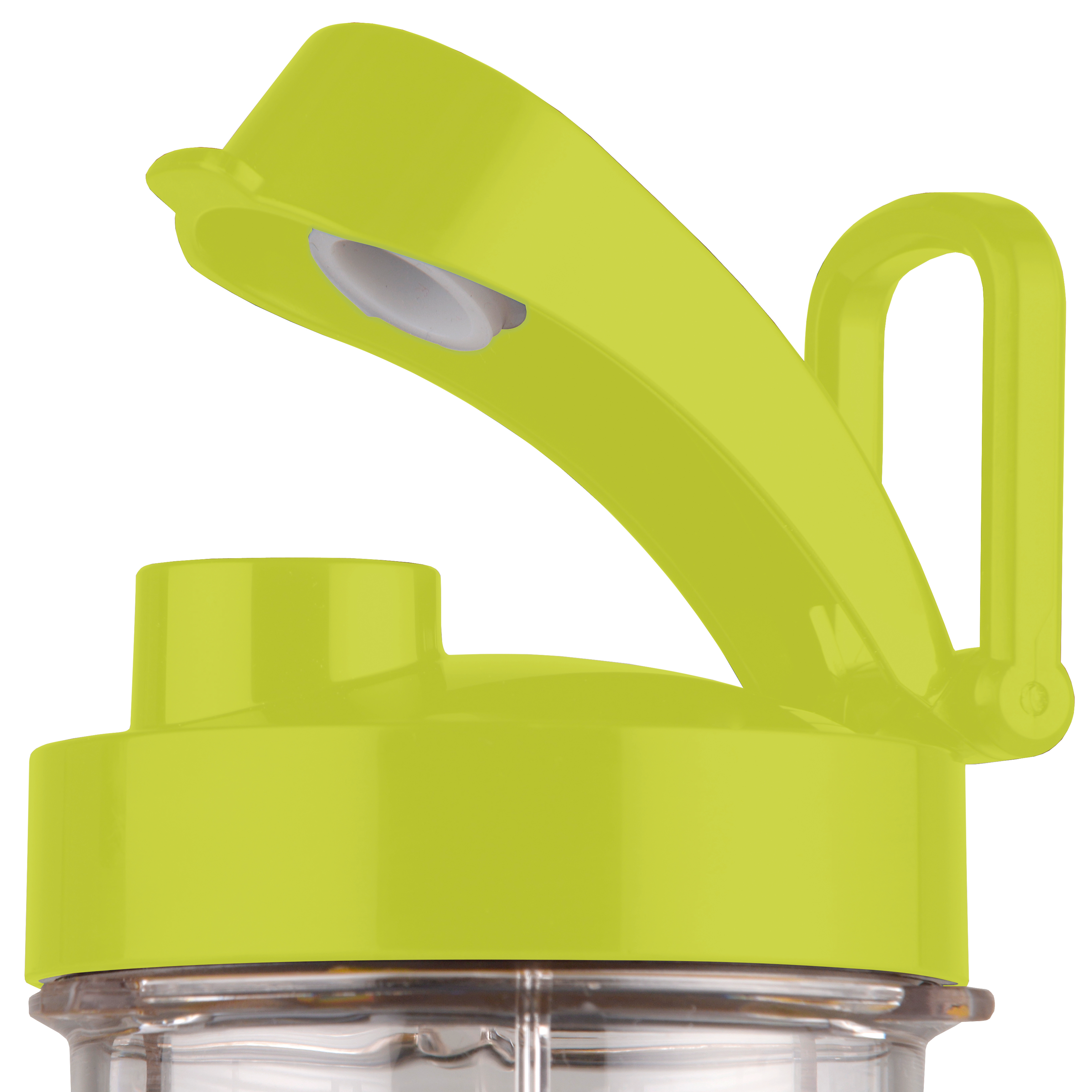 Un coperchio per shaker verde lime è aperto. Ha una maniglia e un piccolo pezzo bianco all'interno.