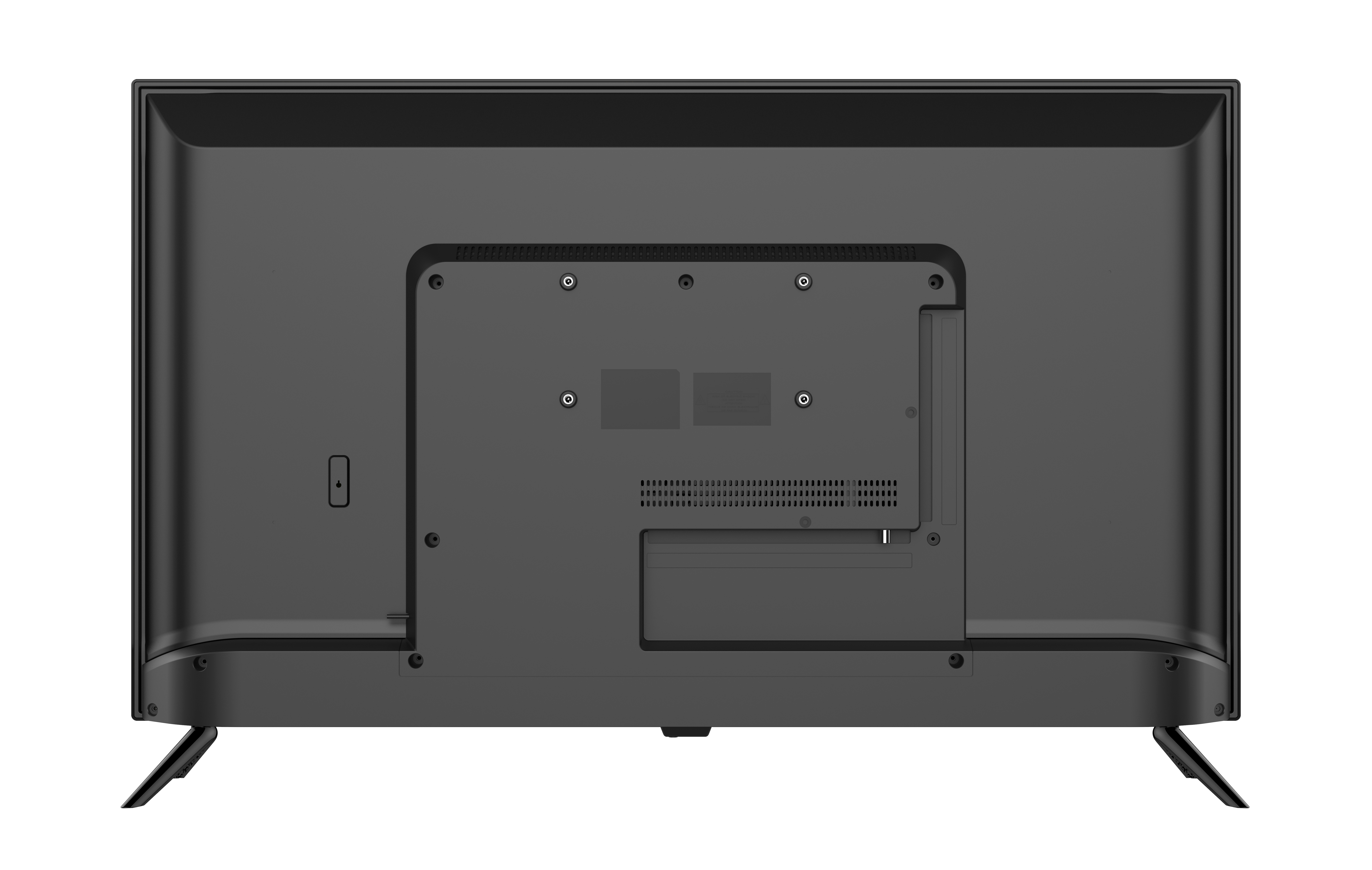 La parte trasera de un televisor negro con diseño rectangular, mostrando los puertos y el soporte.