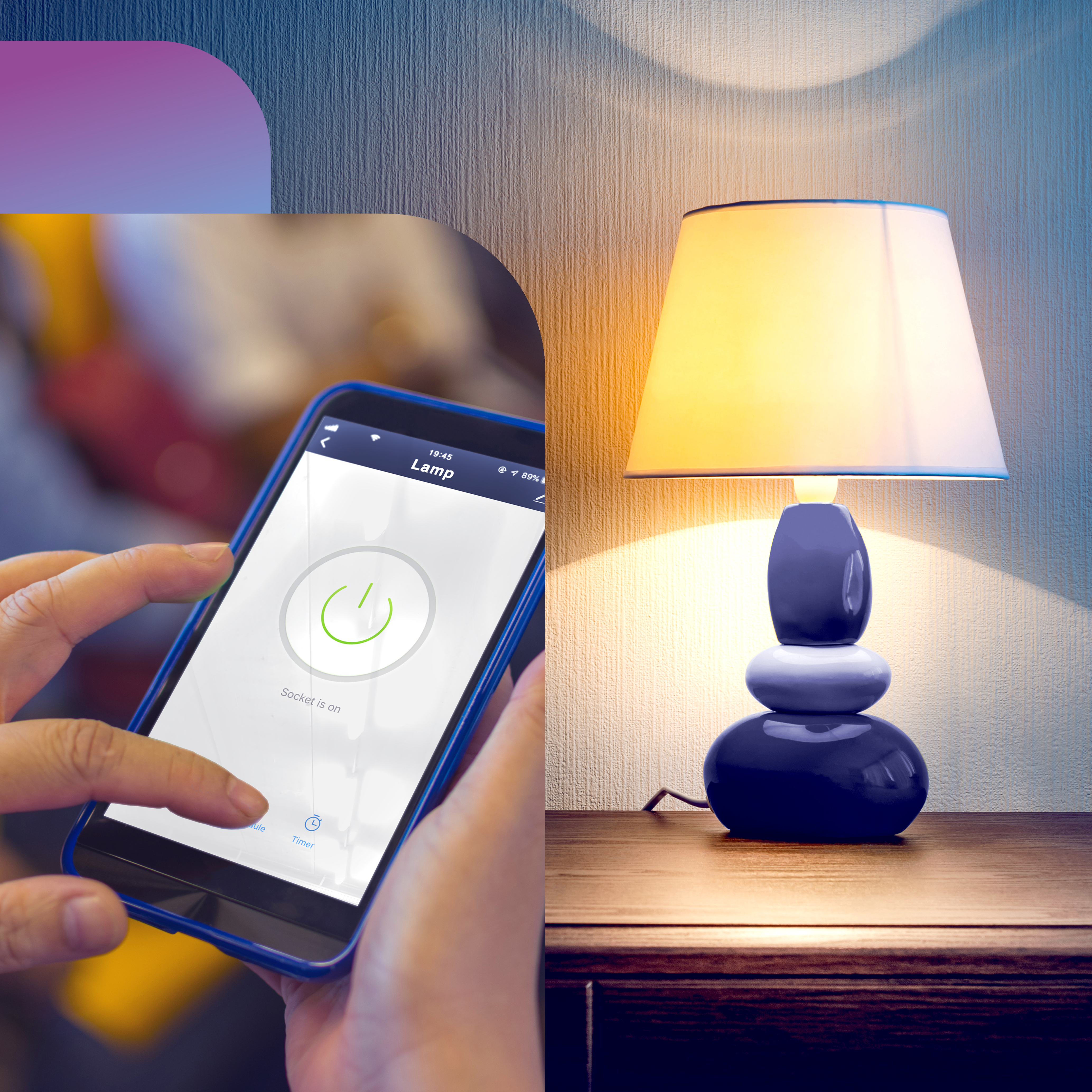 A hand using a phone to control a lamp. A lamp with a blue base is on a wooden table. The socket is on.