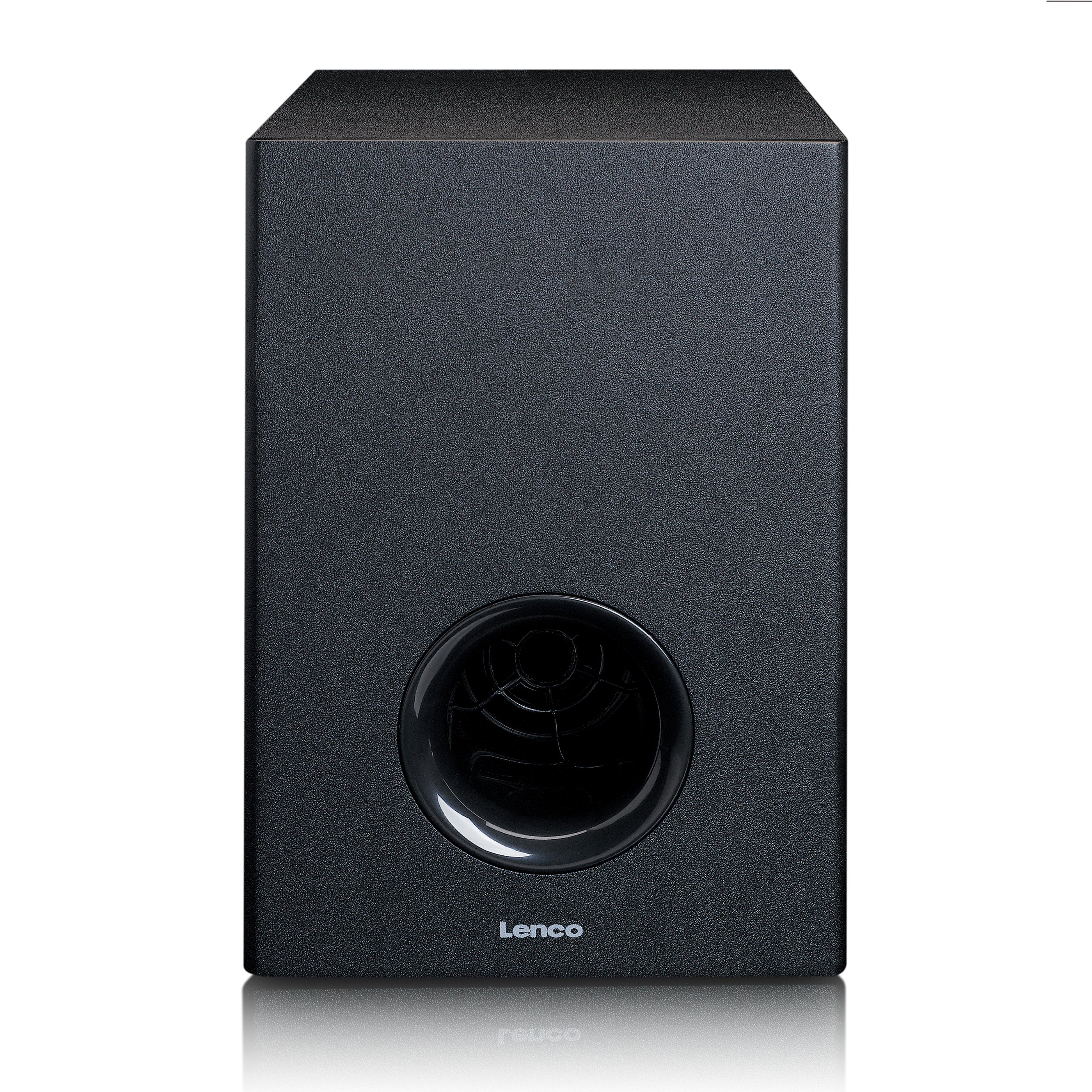 Altoparlante subwoofer rettangolare nero con apertura circolare.