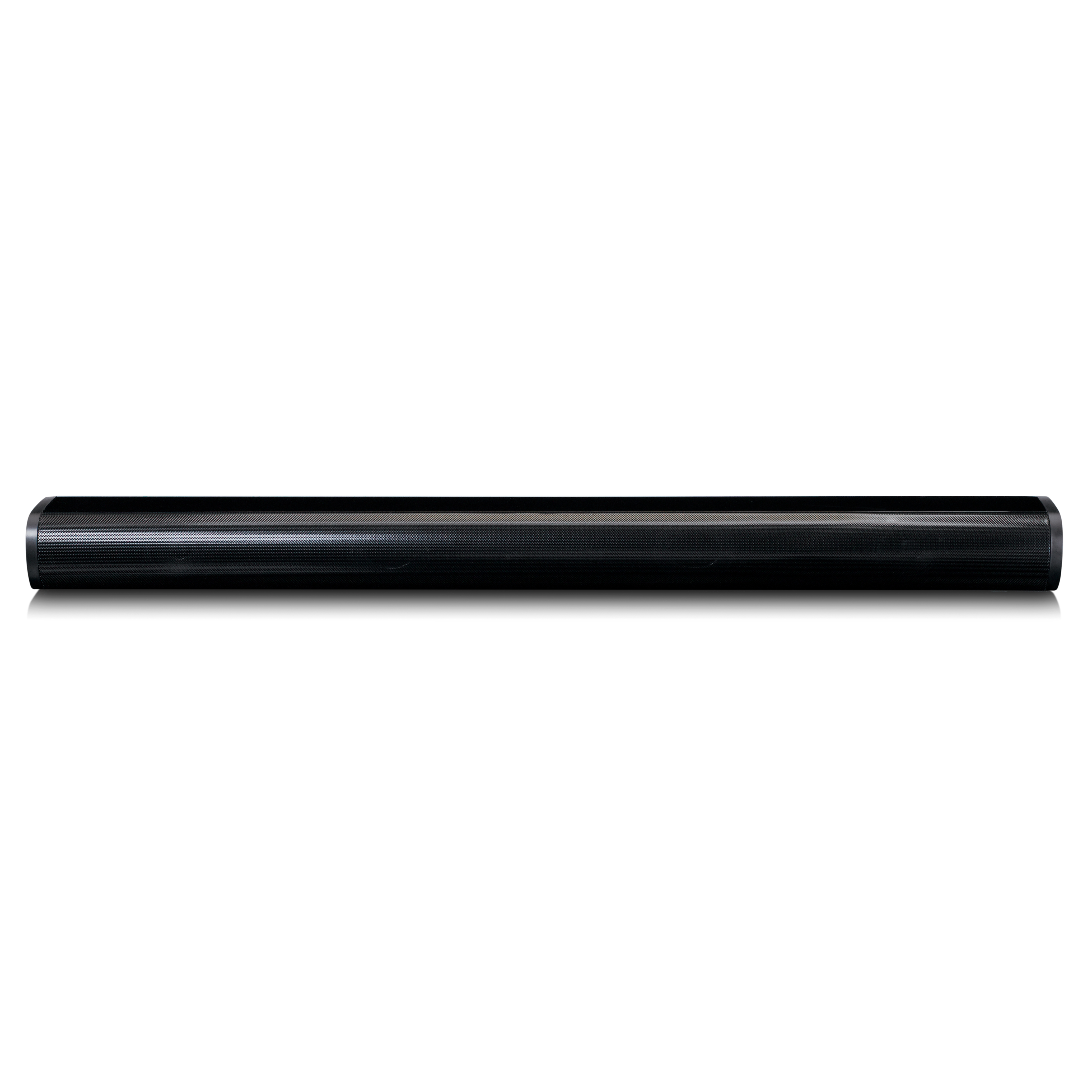 Una lunga soundbar nera su sfondo bianco.