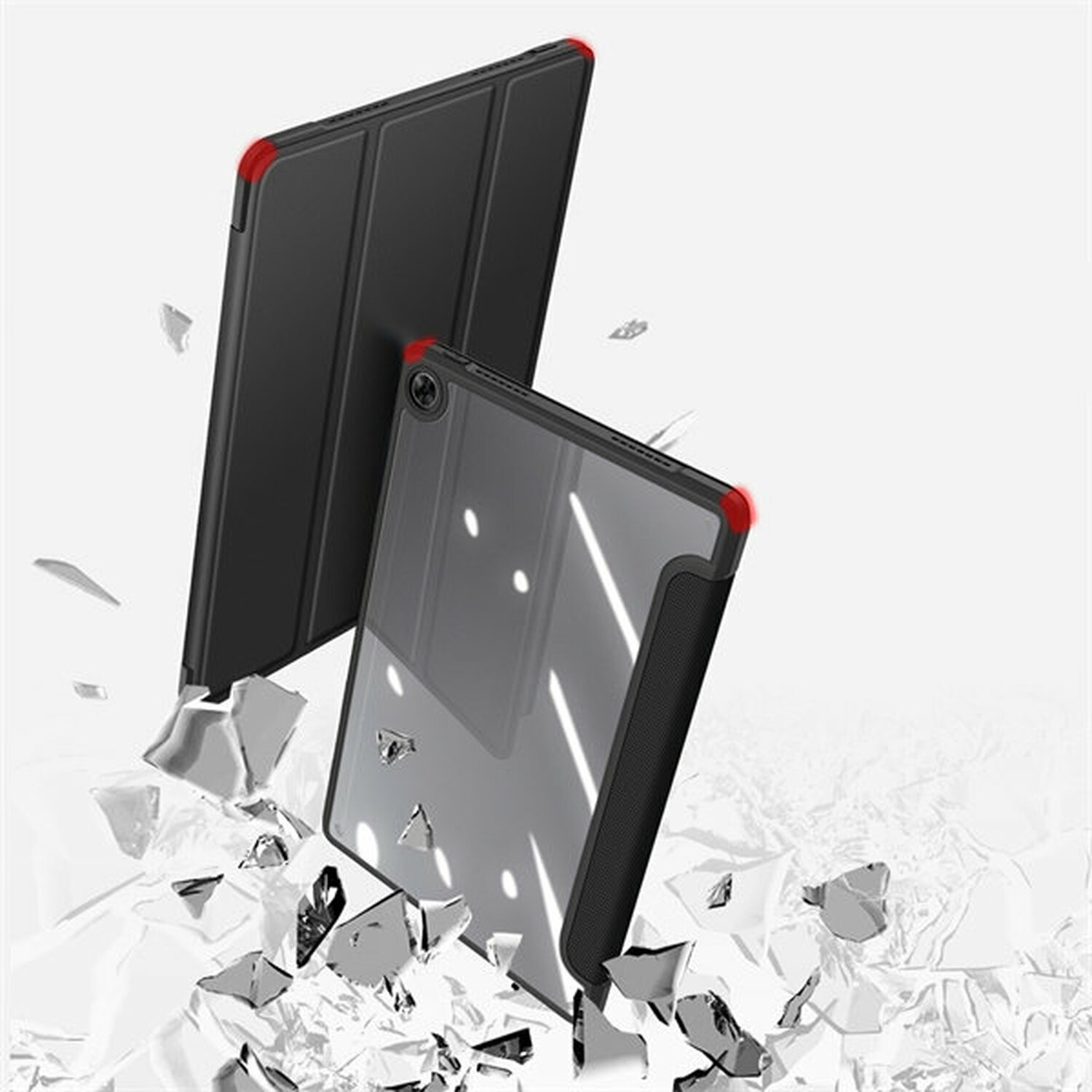 Schwarze Tablet-Hülle mit roten Kanten, zerbrechendes Glas.