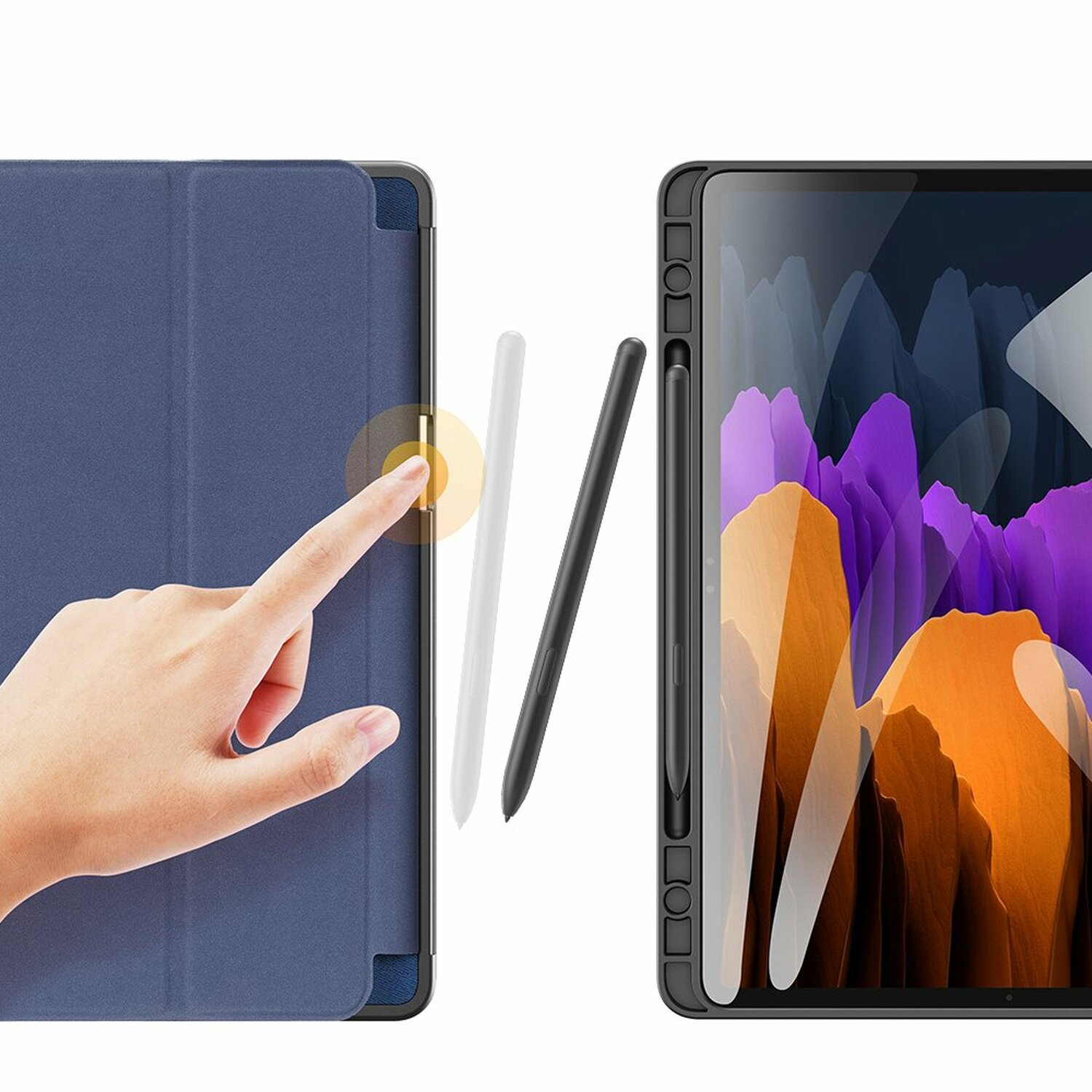 Tablet mit blauem Cover und zwei Stiften. Ein Finger berührt den Bildschirm mit Gold.