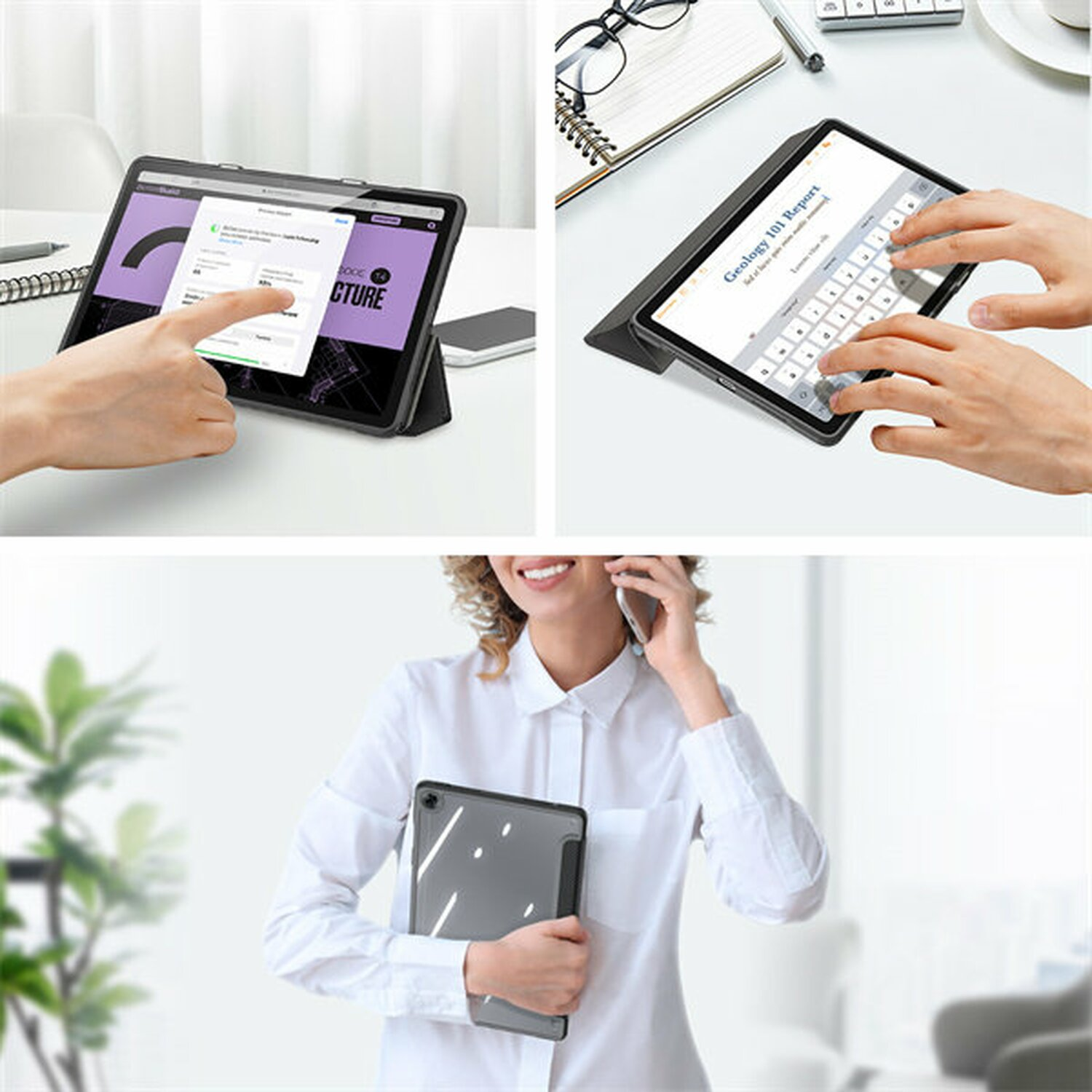 Ein Tablet, das in drei verschiedenen Umgebungen verwendet wird: auf einem Schreibtisch, mit Tastatur und gehalten.