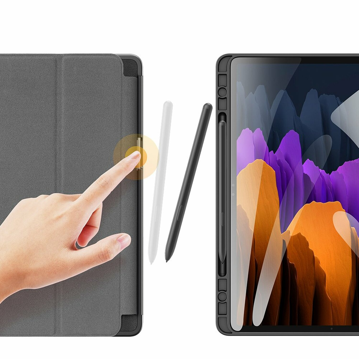 Tablet mit Stift und Hülle; ein Finger berührt den Bildschirm.