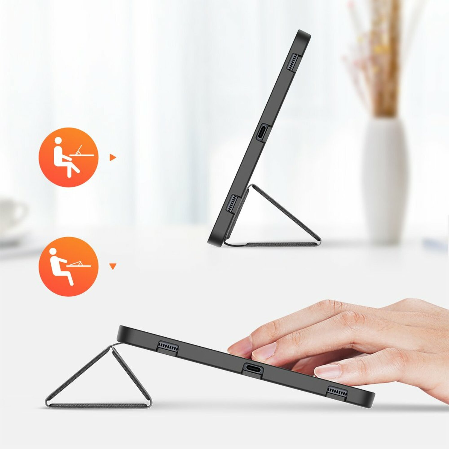 Eine schwarze Tablet-Hülle mit Standfunktion, die die Nutzung der Hülle zeigt.