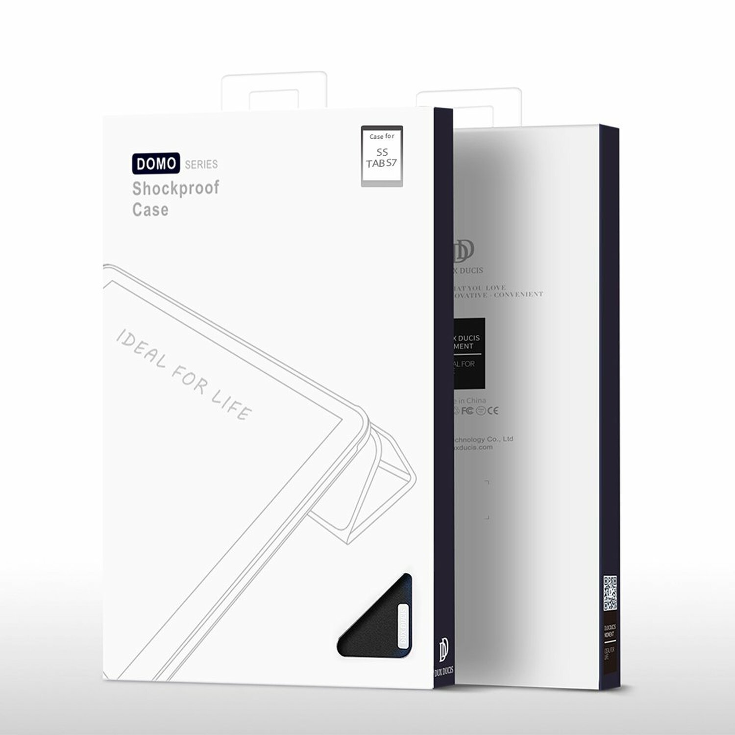 Box mit Tablet-Hülle, weißer Hintergrund mit Text, ideal für das Leben.