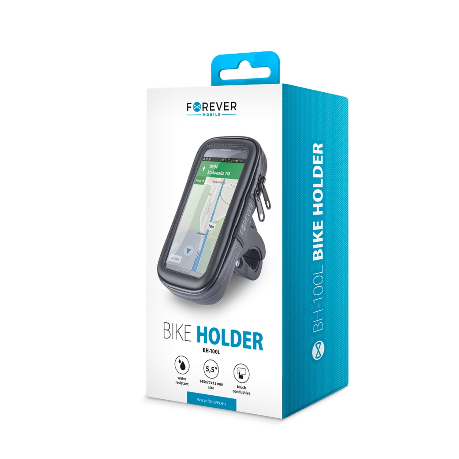 Scatola in bianco e nero con un supporto per telefono da bici.
