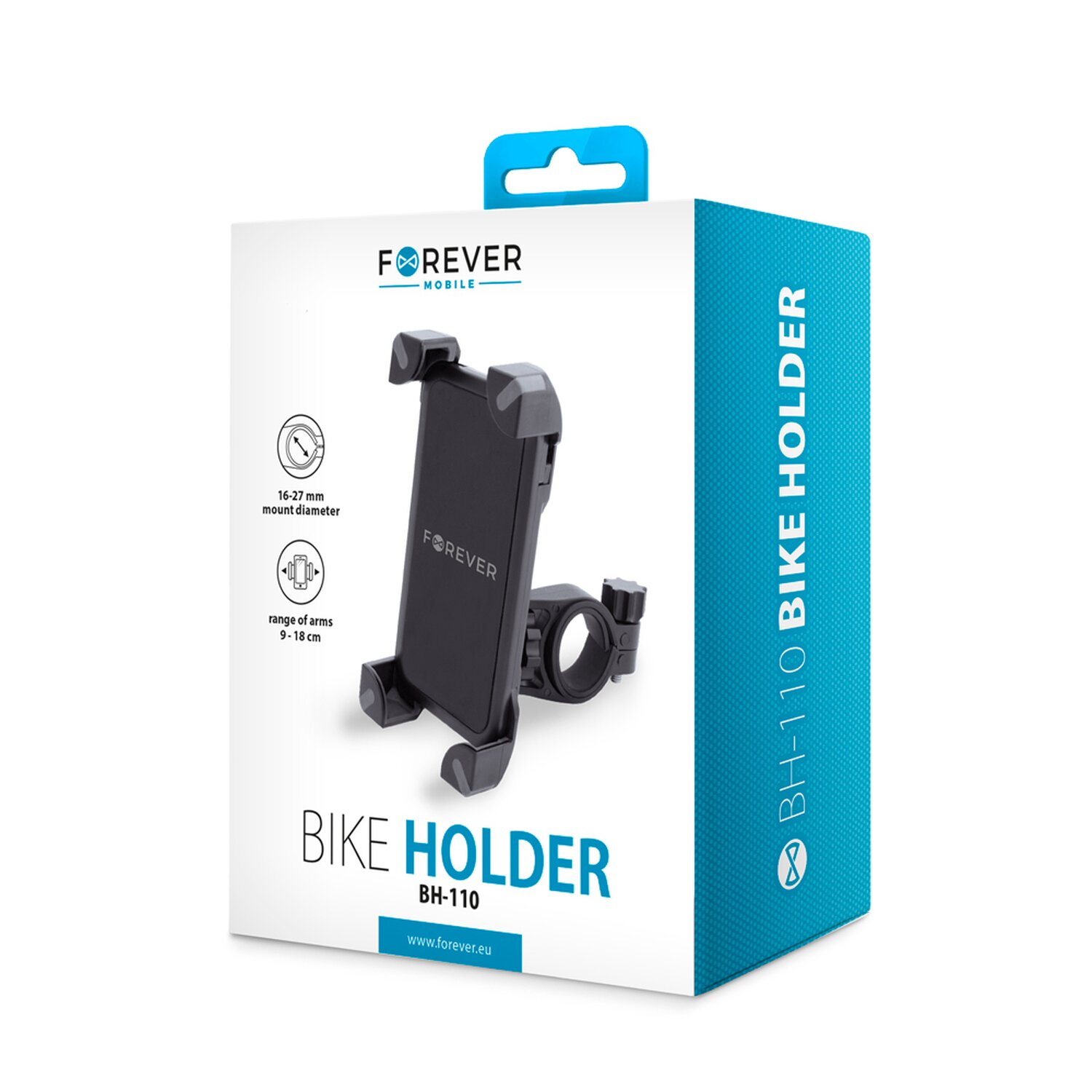 Fahrradhalter Produktbox mit Halter, Details und der Marke Forever Mobile.