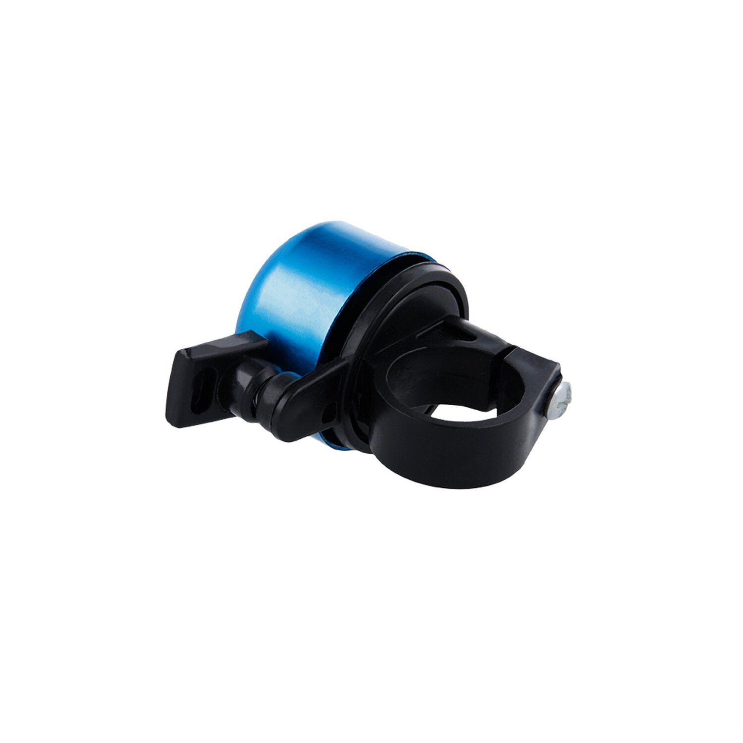 Eine blaue Fahrradklingel mit schwarzer Halterung, vor weißem Hintergrund.