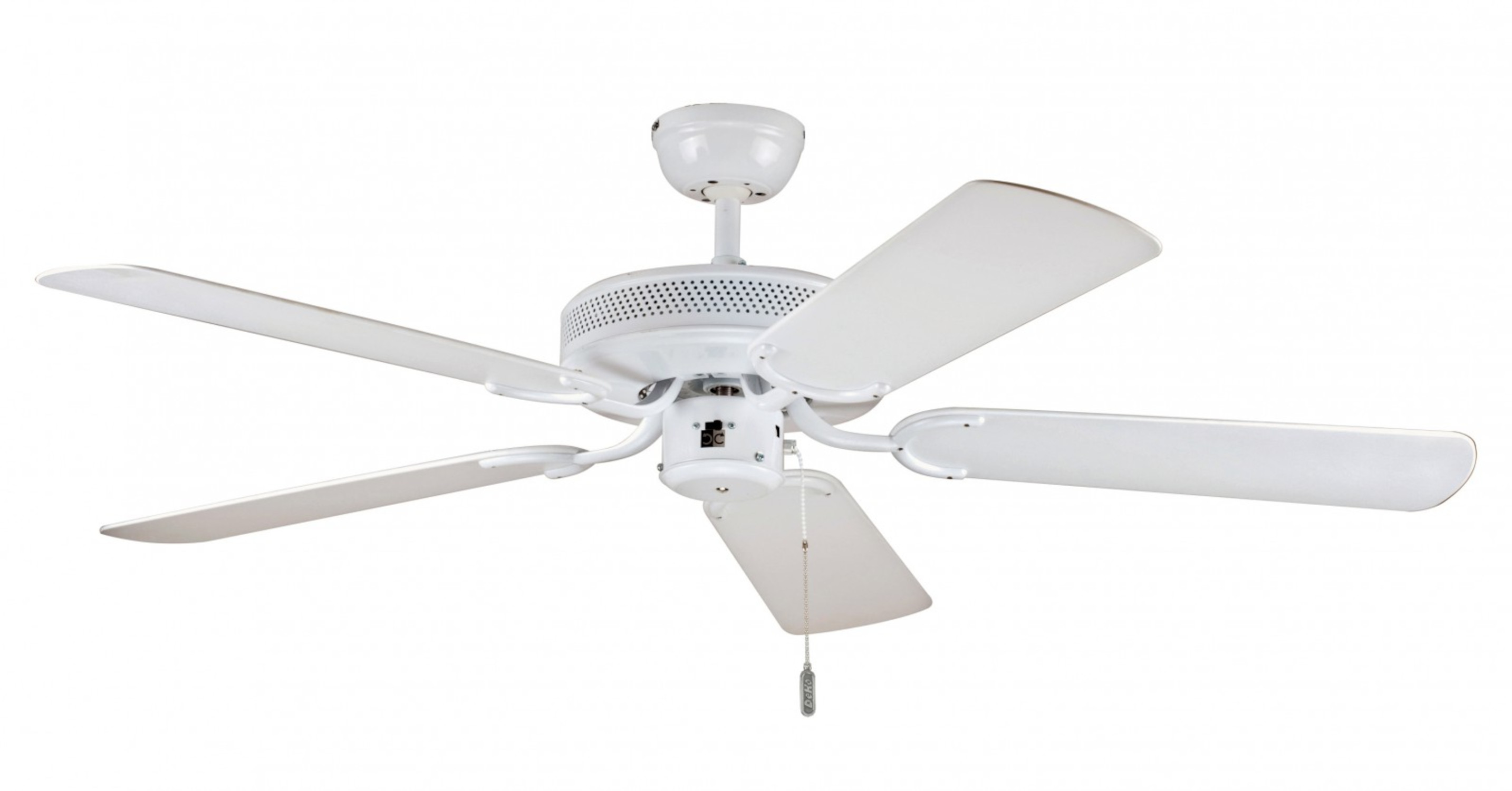 Ventilatore da soffitto bianco con cinque pale, motore bianco e catena.