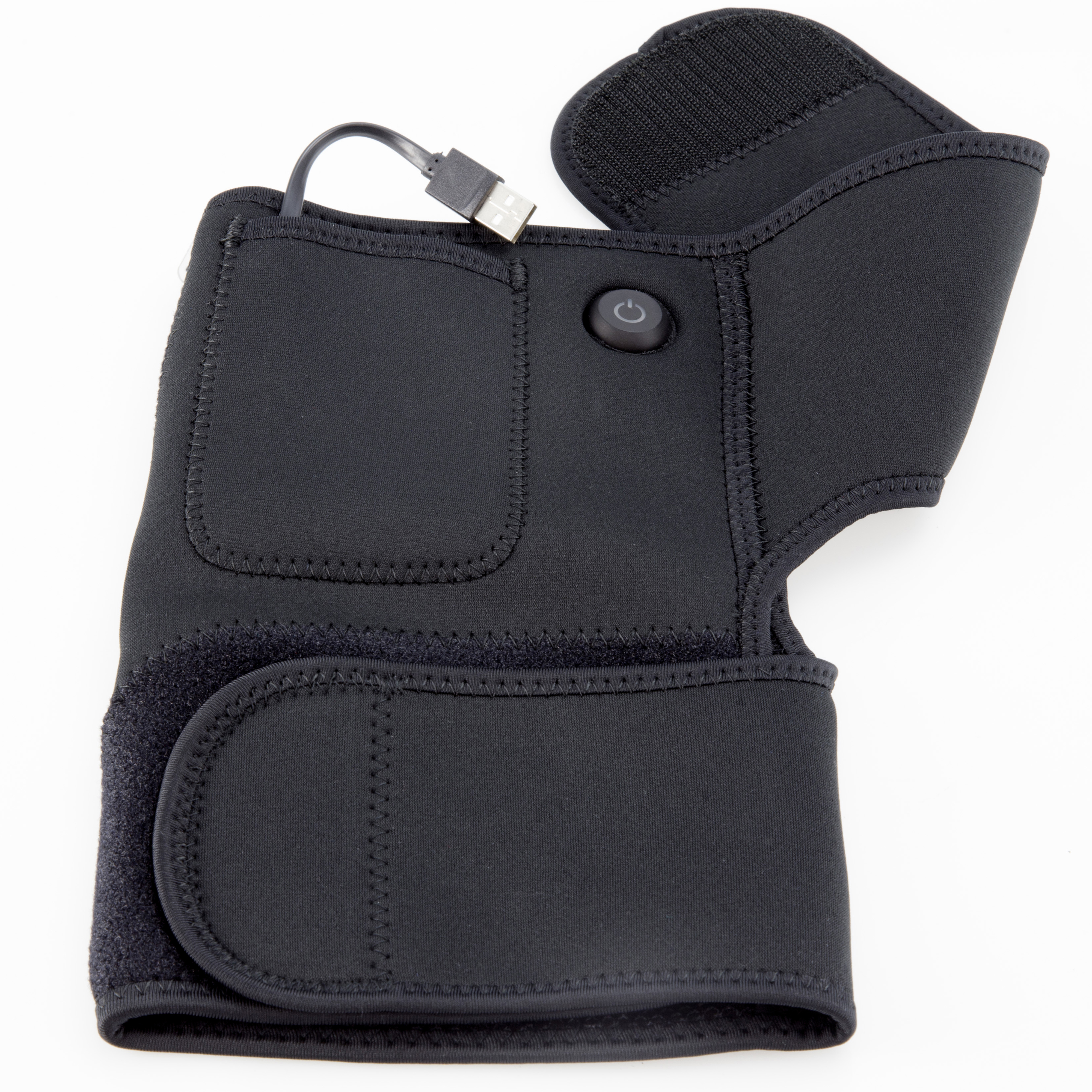 Eine schwarze, beheizte Handgelenk- oder Armbandage mit USB-Kabel und Einschaltknopf.