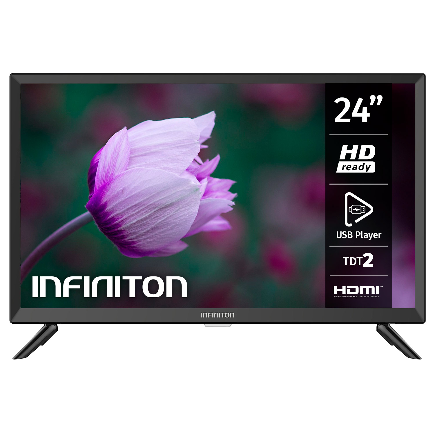 Un televisor negro con una imagen floral en la pantalla. El televisor tiene patas negras.