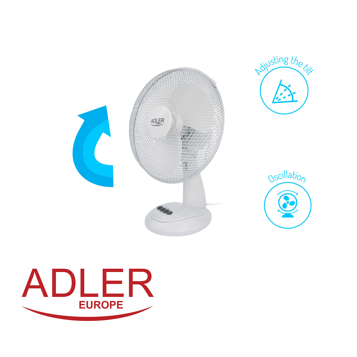 Ventilador ADLER blanco con rejilla protectora. Flecha azul e iconos indican inclinación y oscilación.