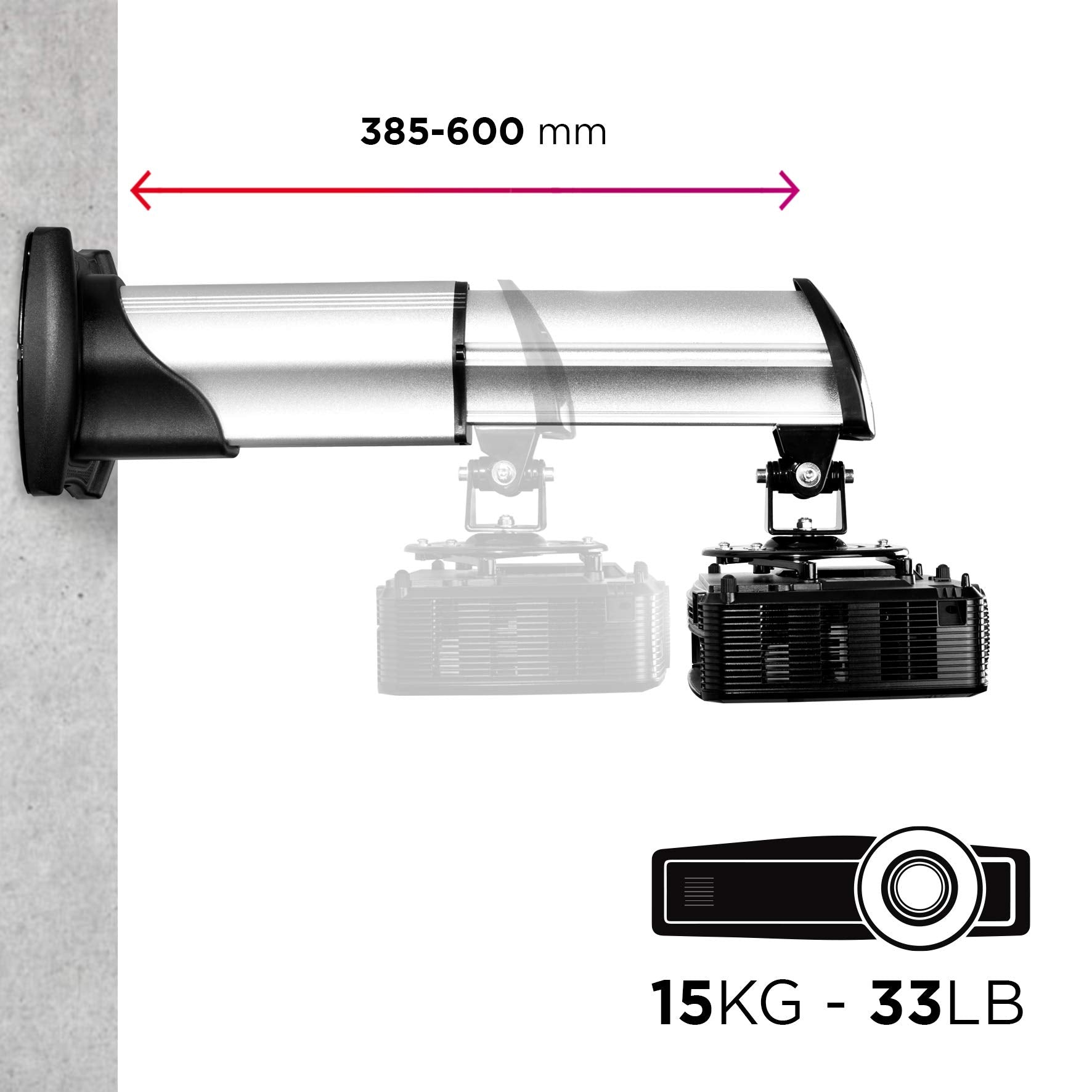 Proyector montado en un soporte de pared. Se muestran medidas y peso.