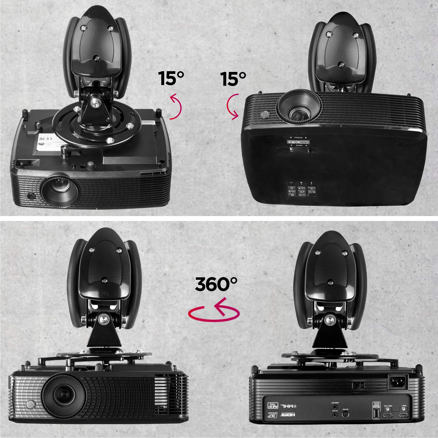 Un proyector sobre un soporte, que muestra diferentes ángulos y grados de rotación.