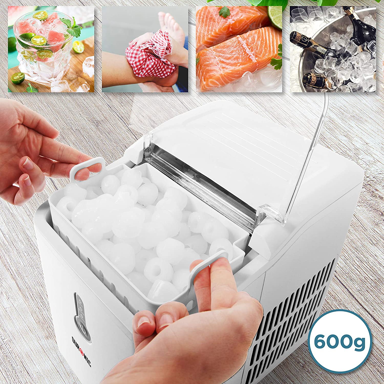 Eismaschine mit Eiswürfeln und Händen, die ein Tablett halten. Kleinere Bilder von Essen in den Ecken.
