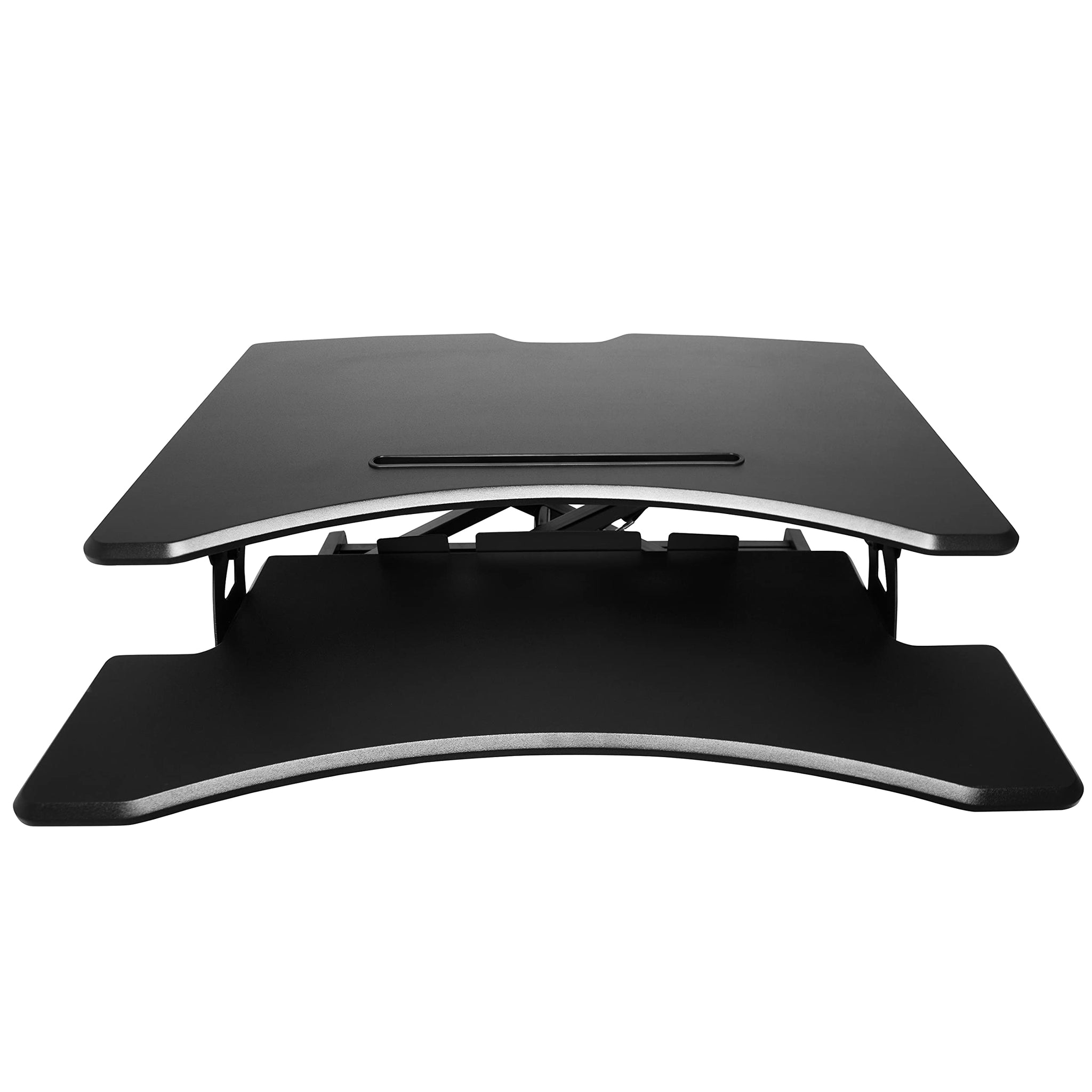 Schwarzer Stehpult in abgesenkter Position. Der Schreibtisch hat eine Tastaturablage und eine schwarze Oberfläche.
