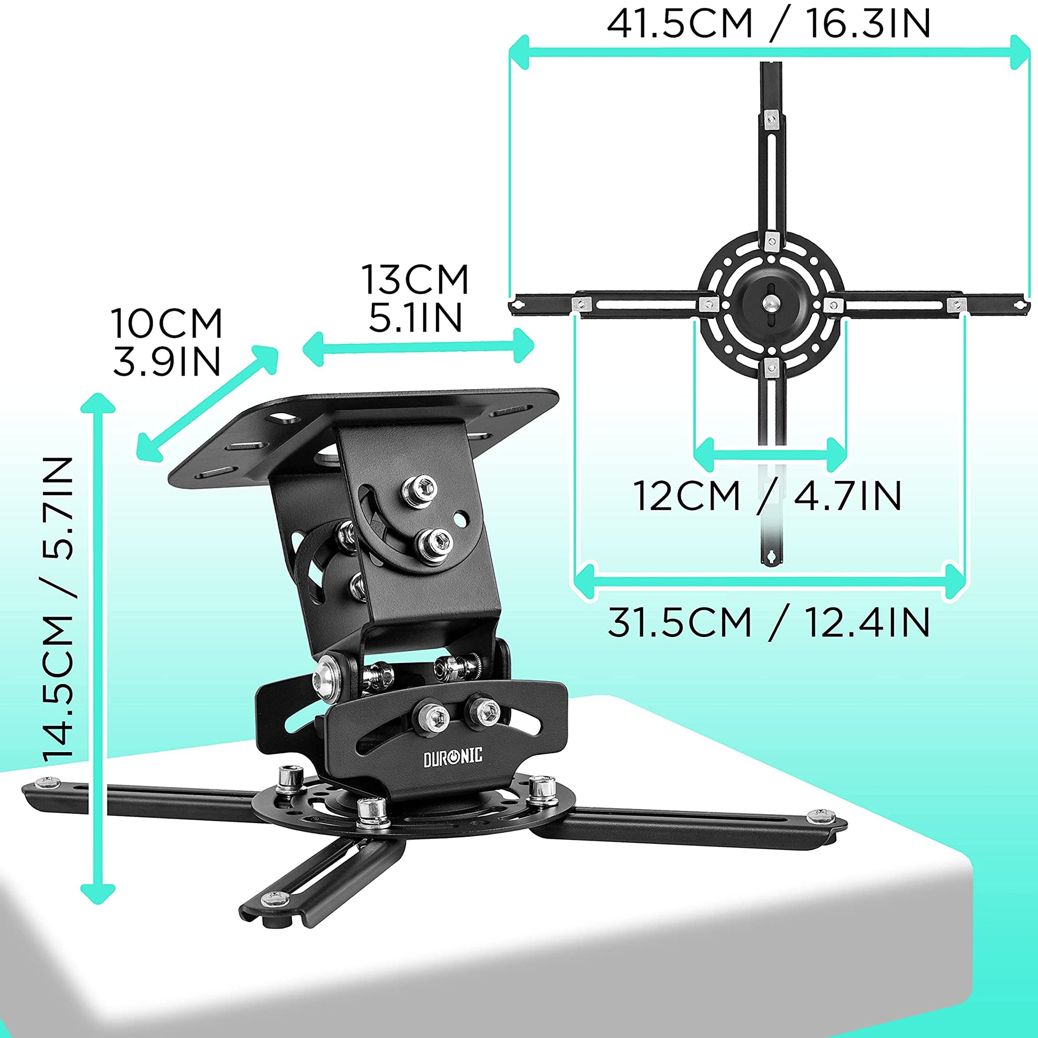 Soporte de proyector negro. Tiene brazos ajustables. Está montado sobre una superficie blanca.