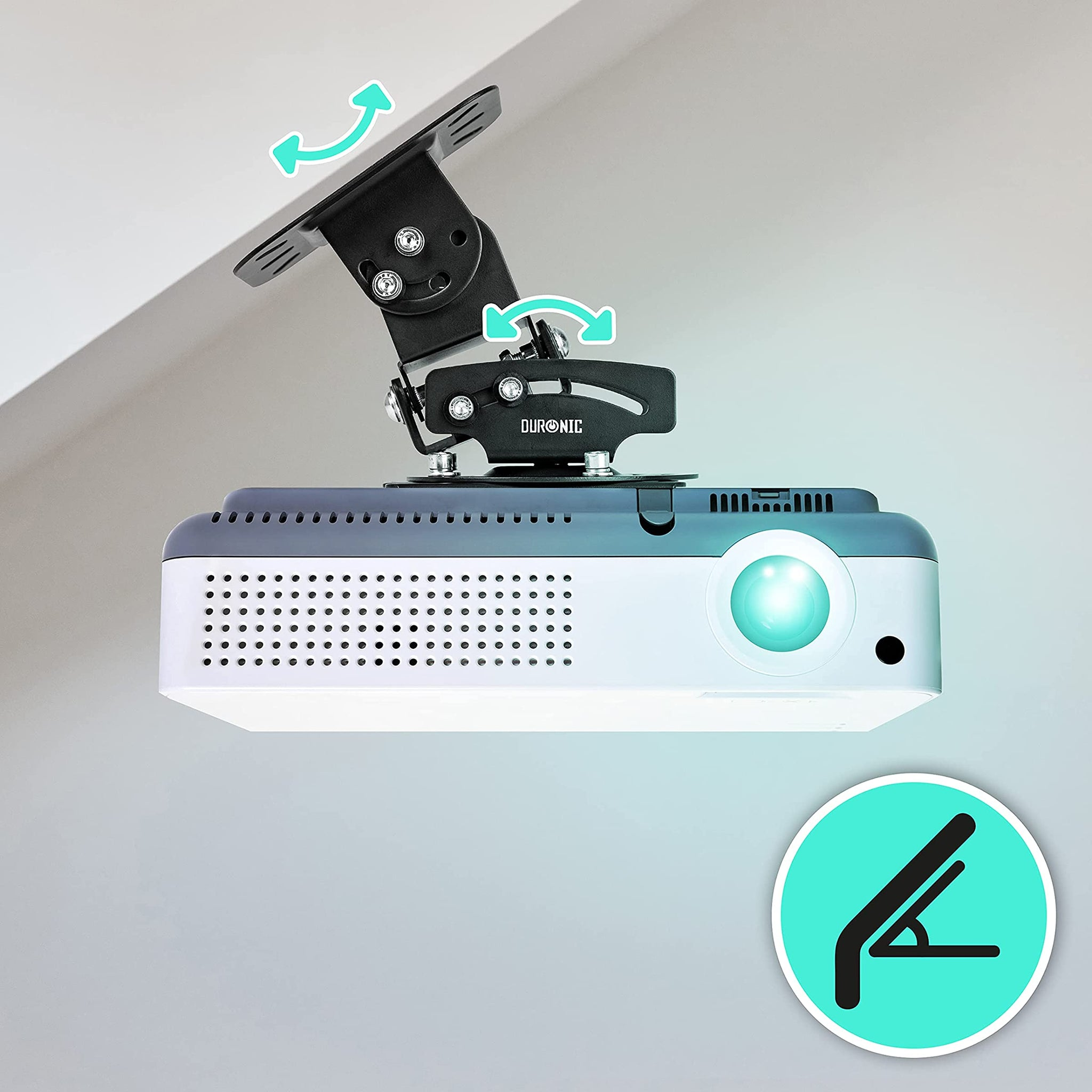 Un proyector blanco y gris montado en el techo. Las flechas muestran que puede girar e inclinarse.