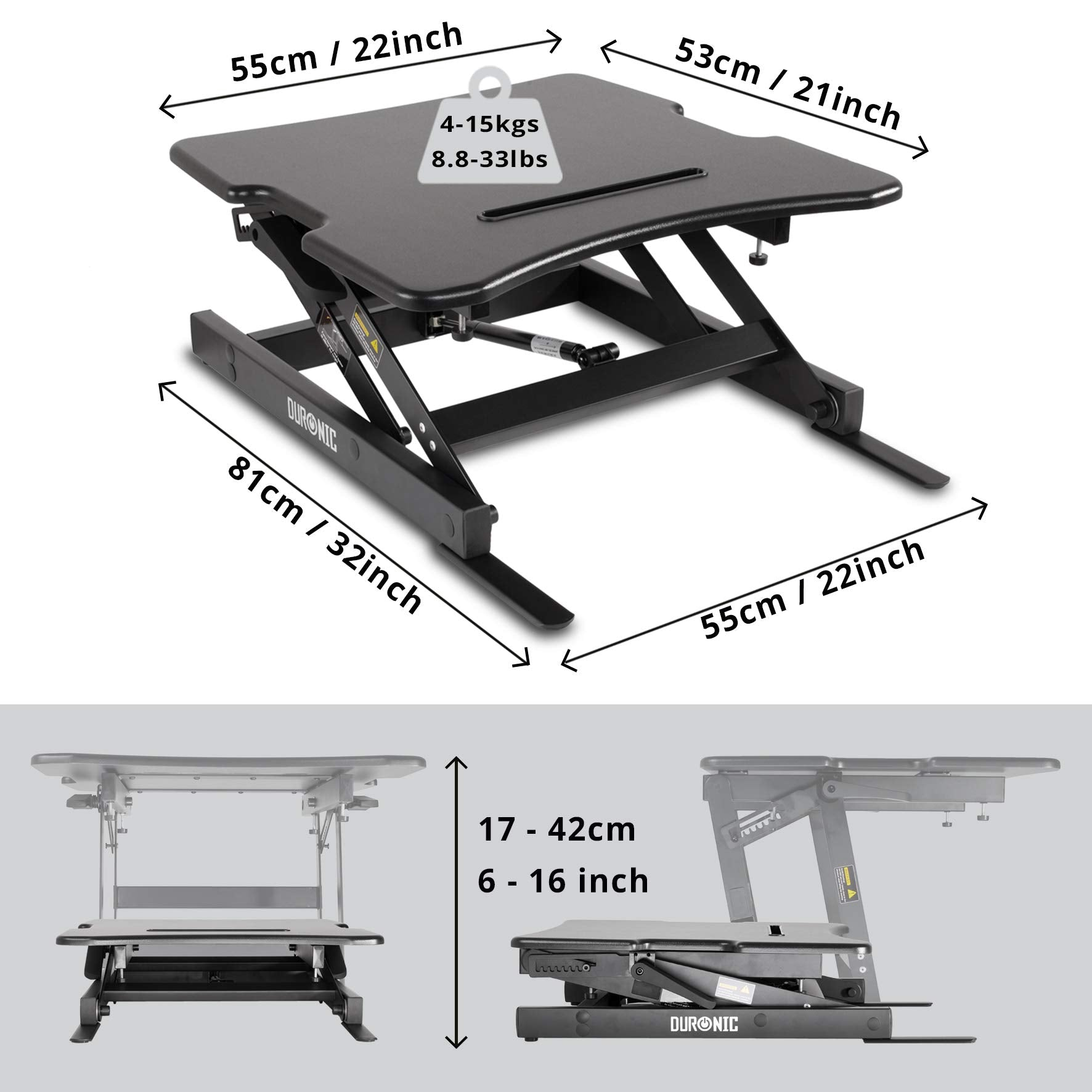Escritorio de pie negro y gris. Tiene dimensiones y una capacidad de peso de 4-15 kg.