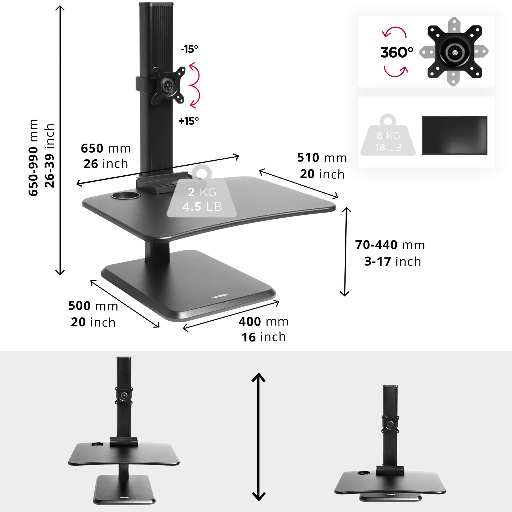 Escritorio de pie negro con dimensiones y un soporte de monitor negro.