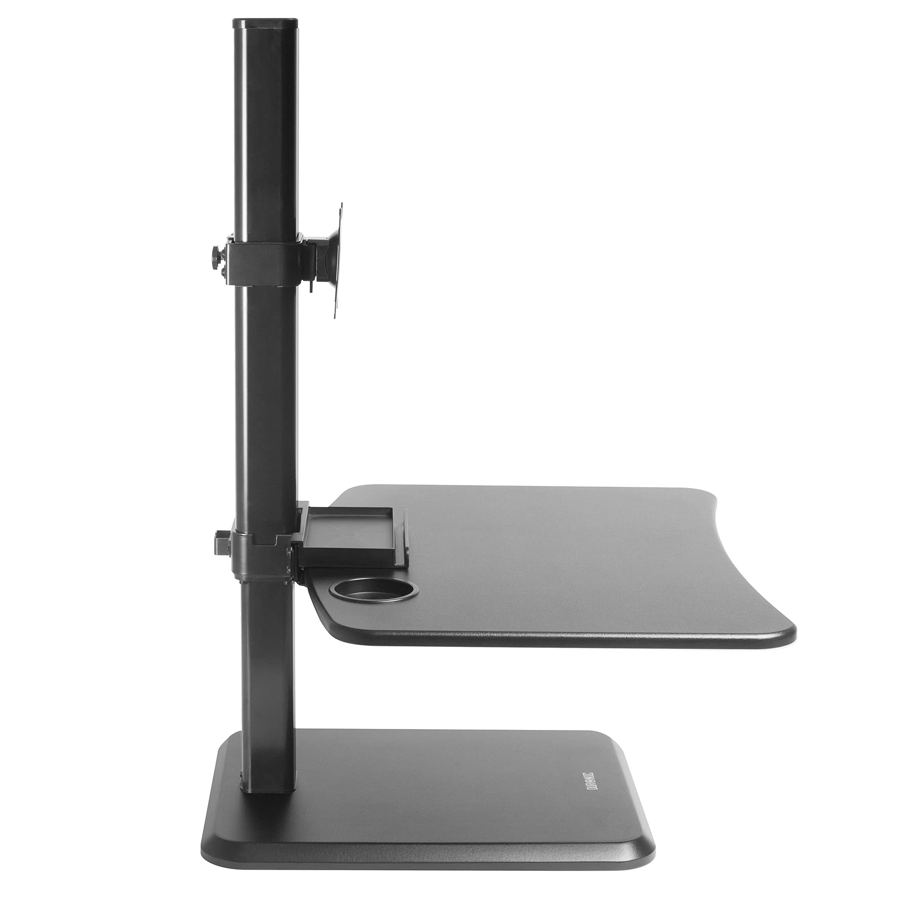Un soporte de monitor negro con un escritorio y un portavasos.