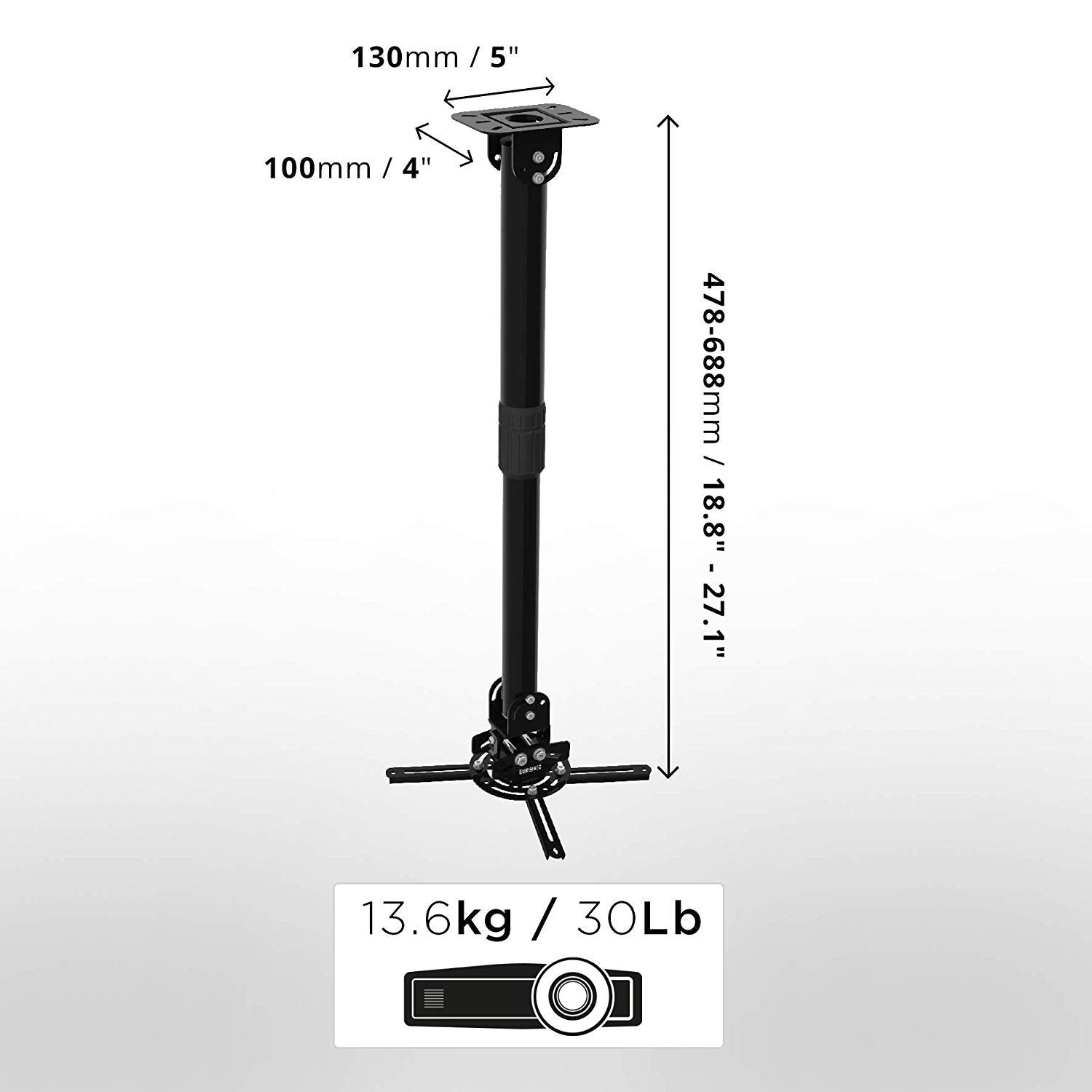 Soporte de proyector negro con dimensiones y peso. Altura ajustable.