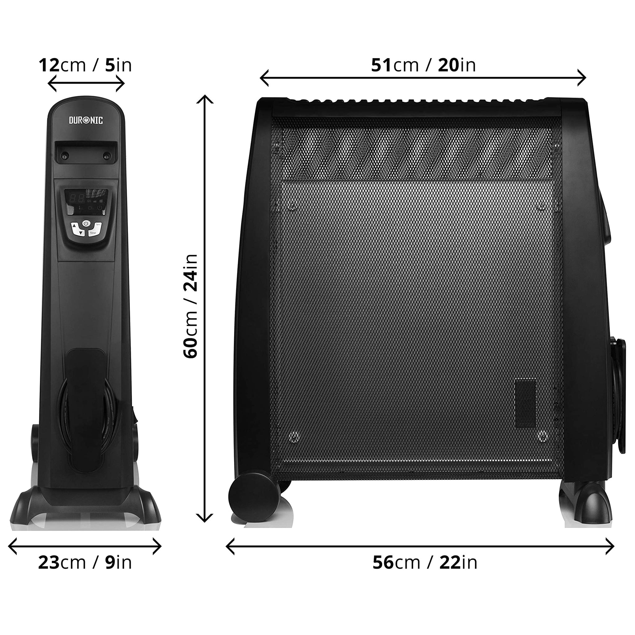 Calentador eléctrico negro. Dimensiones: 12cm, 23cm, 60cm, 51cm, 56cm, 24in, 9in, 24in, 20in, 22in.