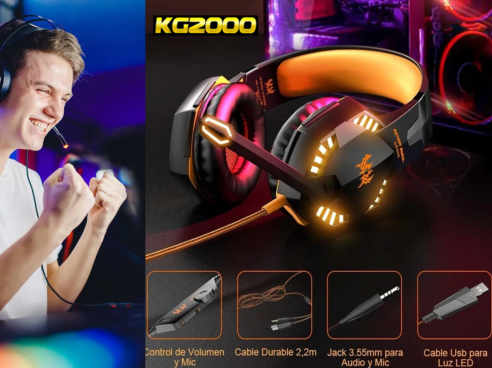 Auriculares para juegos, negros y naranjas, con un jugador sonriente en el fondo.