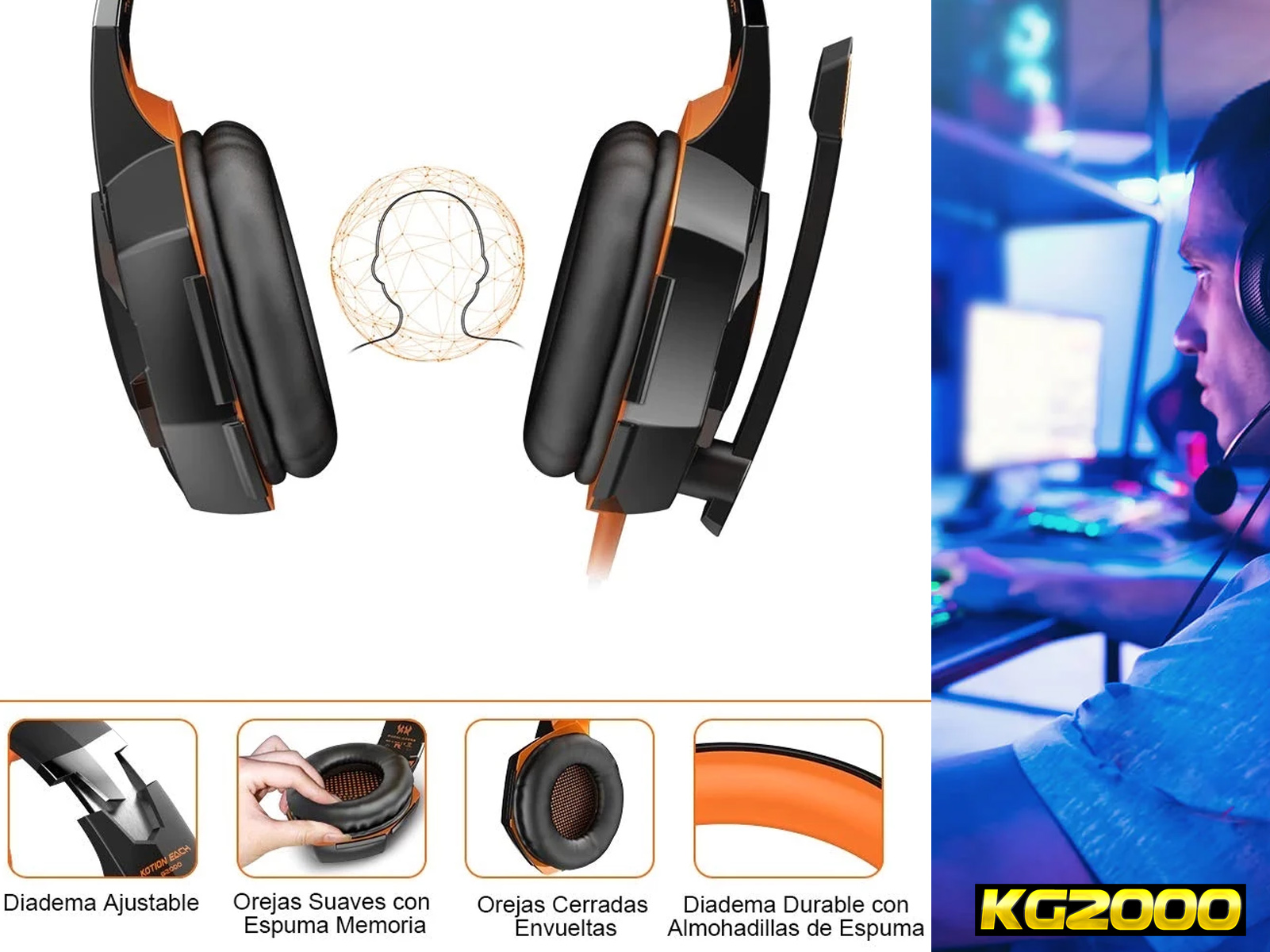 Auriculares para juegos negros y naranjas con micrófono y diagrama de la cabeza. Texto en español.