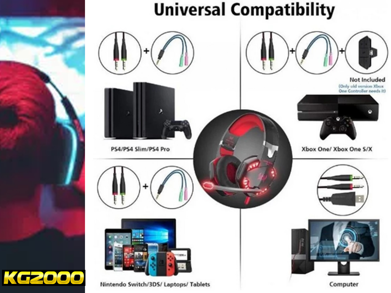 Diagrama que muestra la compatibilidad de auriculares con varios dispositivos: PS4, Xbox, Nintendo Switch, PC y tabletas.
