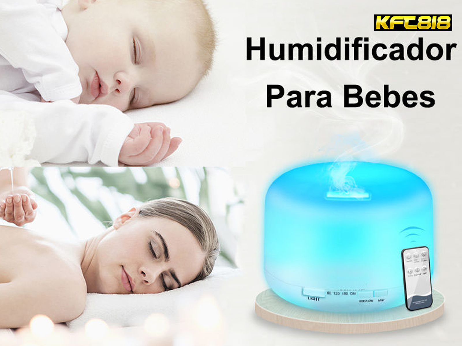 Un bebé durmiendo, una mujer recibiendo un masaje y un humidificador.
