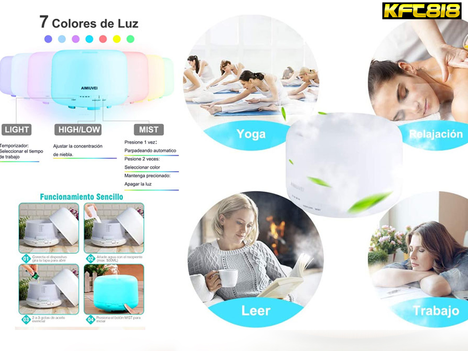 Diagrama que ilustra un difusor de aromaterapia, con texto en varios idiomas.