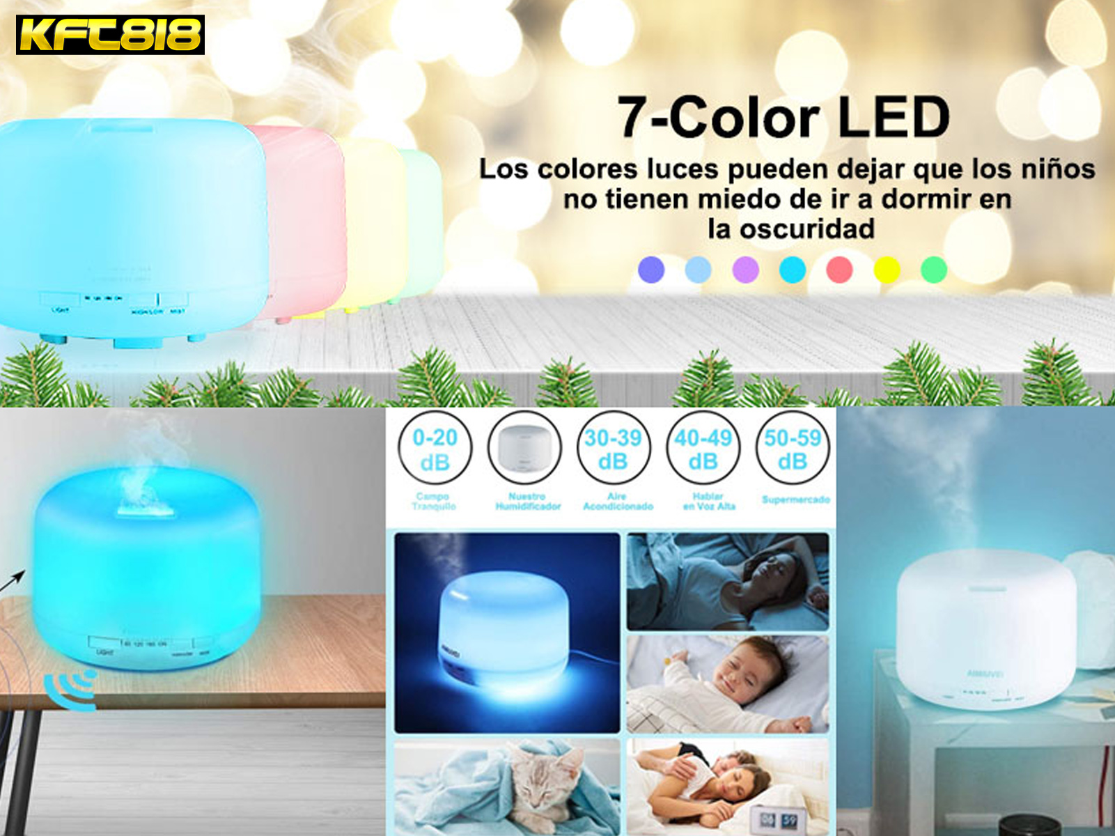 Anuncio de producto para un humidificador LED de 7 colores con varias características y beneficios mostrados.