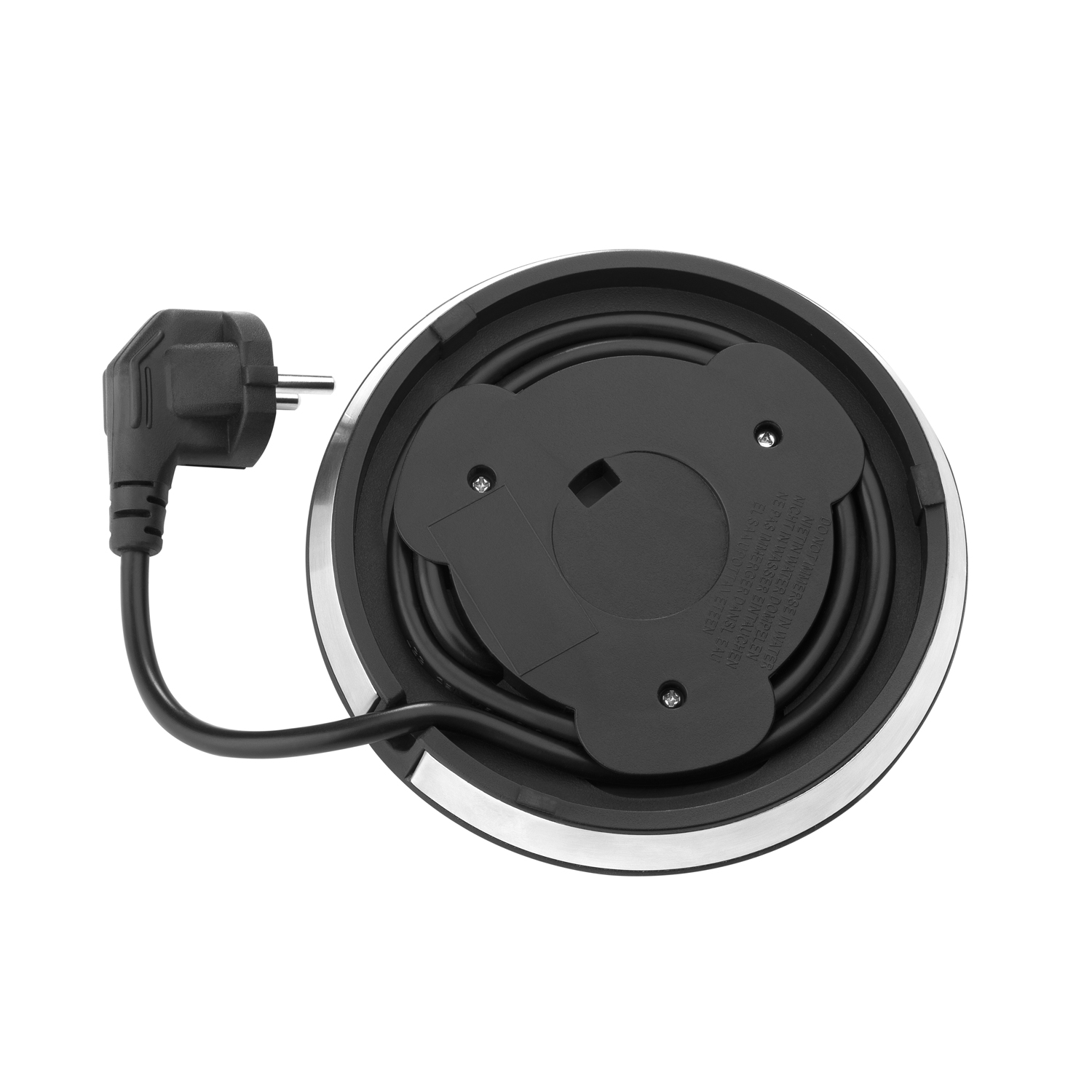 Ein schwarzes Netzkabel mit Stecker und rundem Sockel. Der Sockel ist schwarz und metallisch.