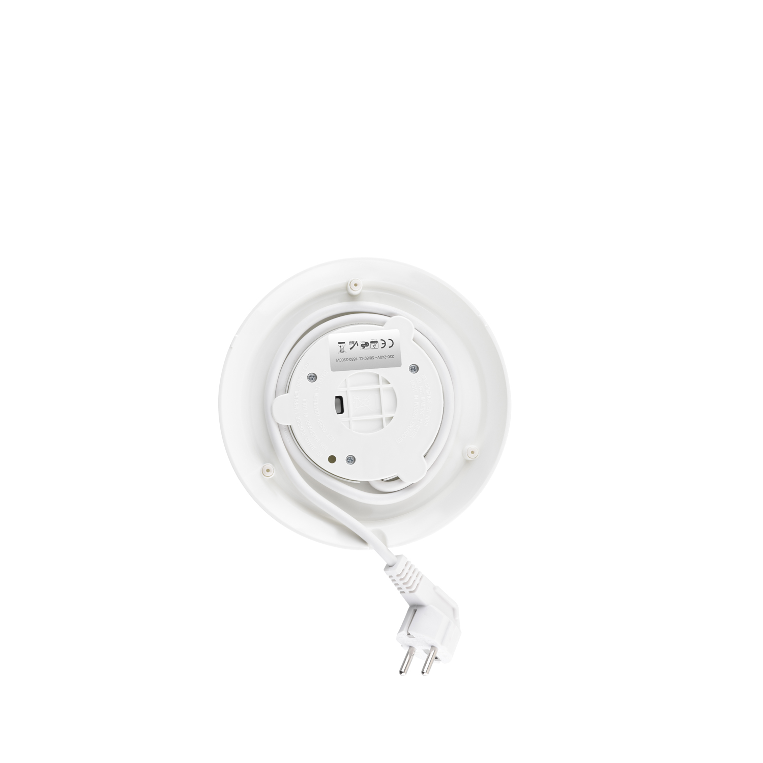 Unterseite eines weißen elektrischen Wasserkocher-Sockels mit Netzkabel und Stecker.