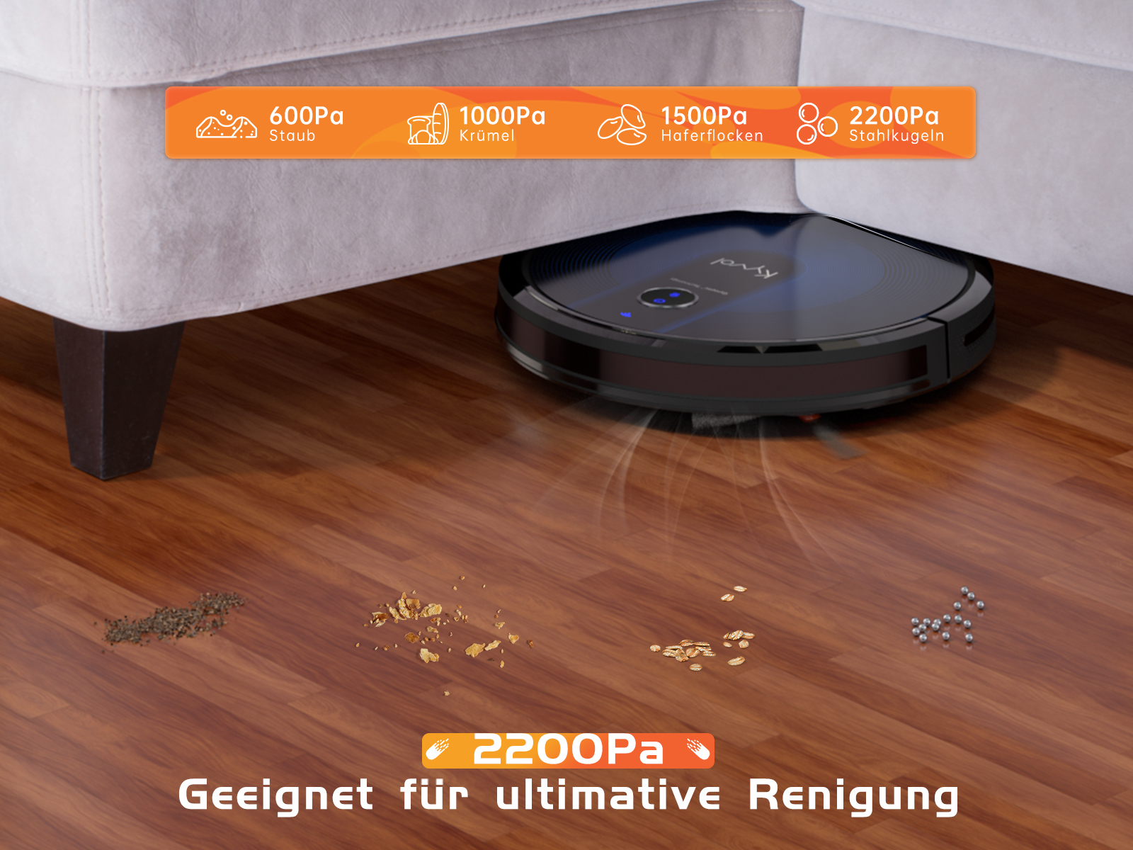 Roboter-Staubsauger unter einem Sofa, der einen Holzboden mit Schmutz reinigt.