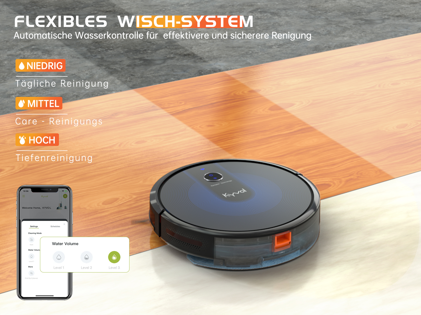 Roboter-Staubsauger auf Holzboden mit Smartphone, das Einstellungen zeigt.