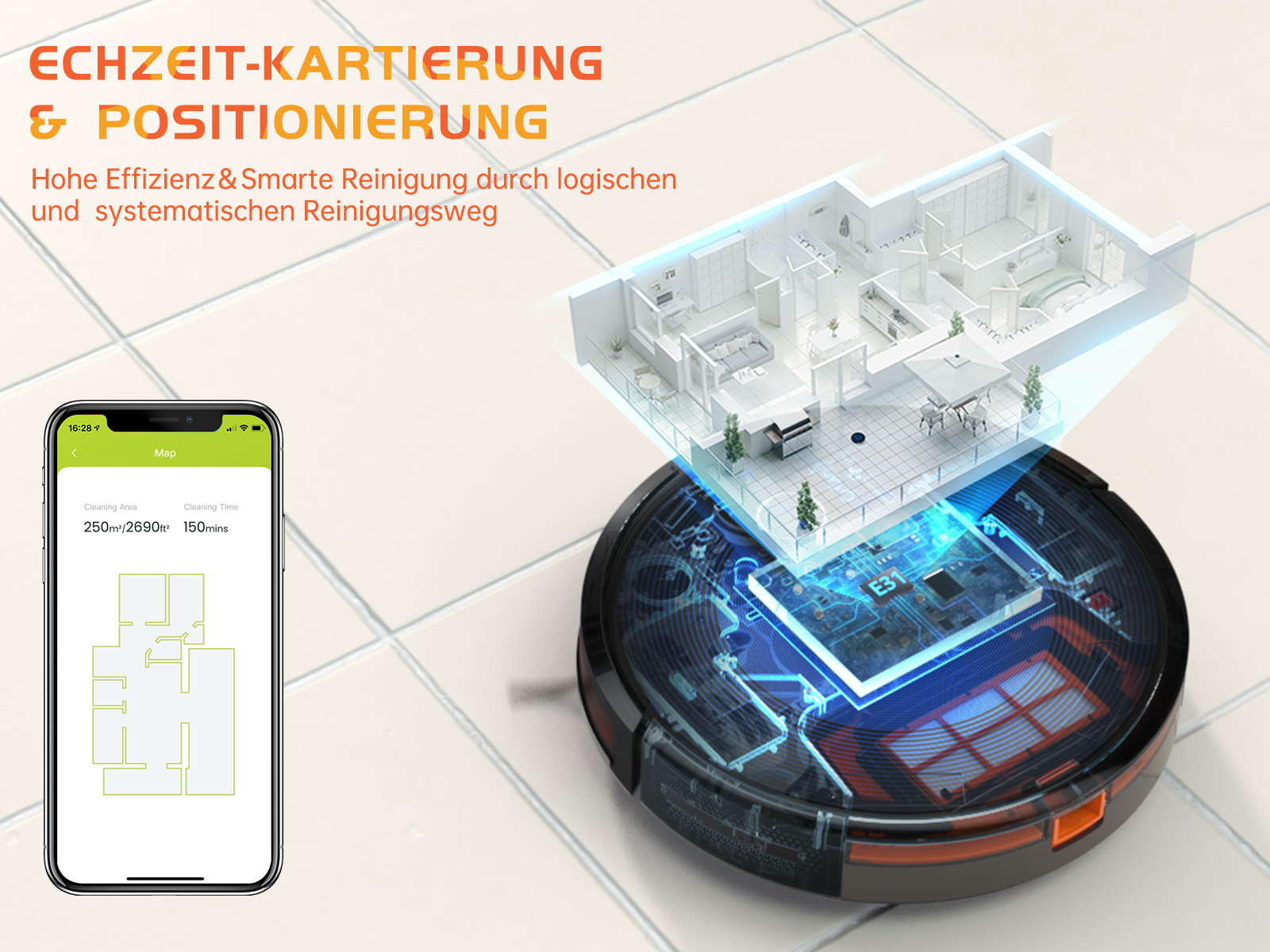 Roboter-Staubsauger mit Smartphone, das eine Hauskarte zeigt.