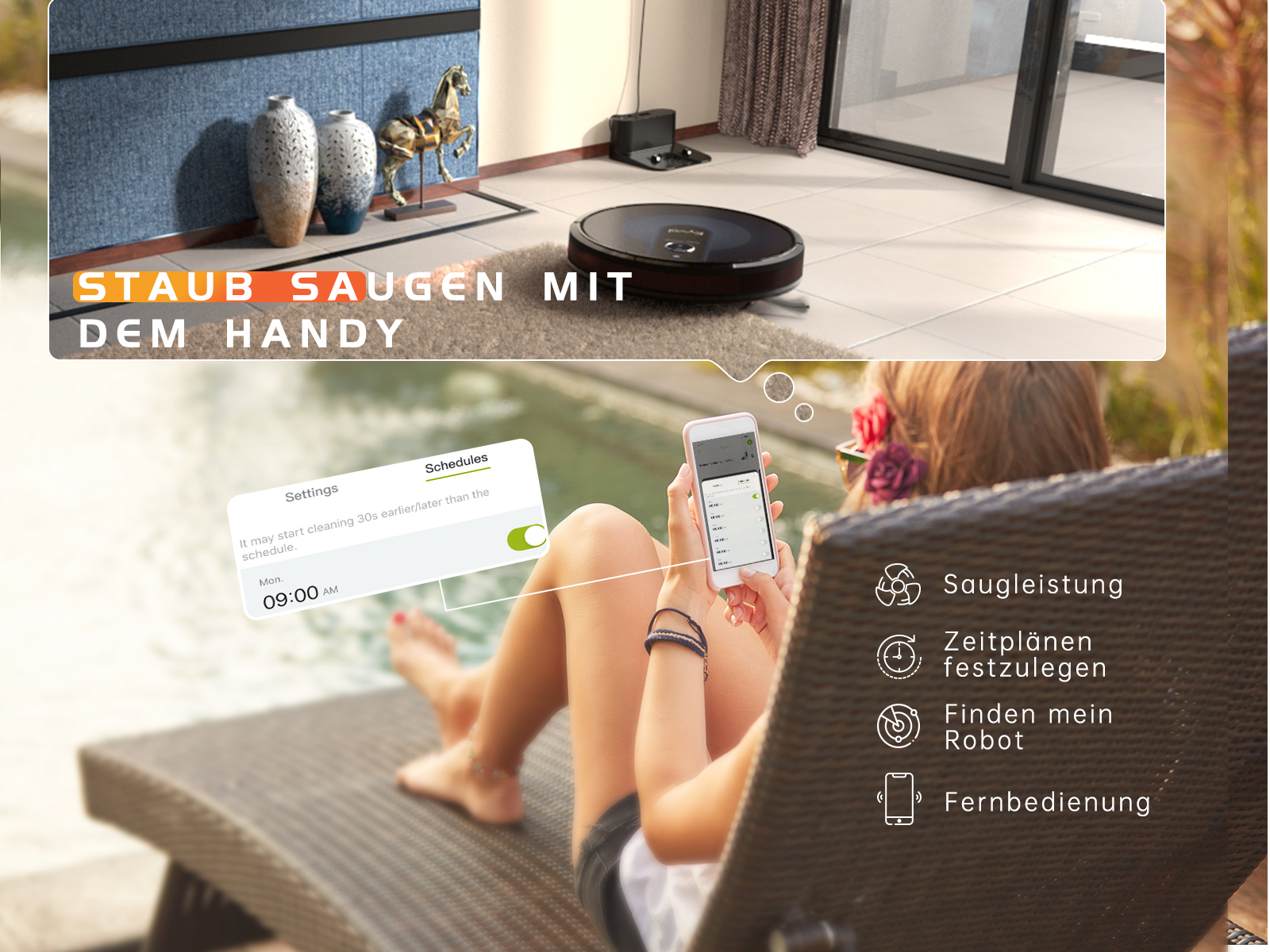 Frau liegt, steuert Roboter-Staubsauger per Handy. Text: "Staubsaugen mit dem Handy." Icons zeigen Funktionen.