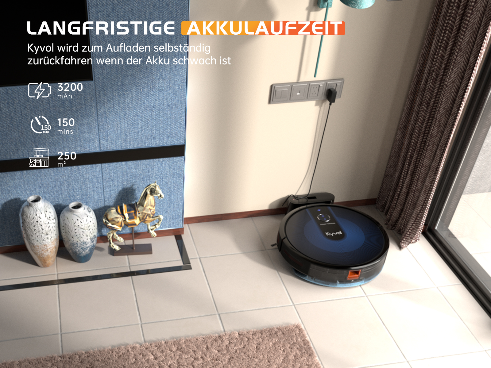 Schwarzer Roboter-Staubsauger auf dem Boden, Ladestation in der Nähe.